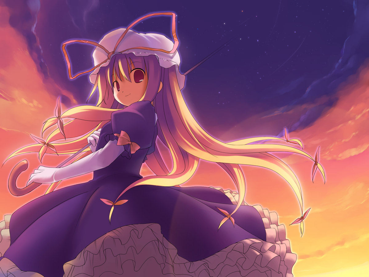 emurin, yakumo yukari, touhou, bad id, bad pixiv id, 1girl, blonde hair, dress, elbow gloves, female focus, gloves, gradient background, hair ribbon, hat, long hair, outdoors, parasol, purple eyes, ribbon, sky, solo, umbrella