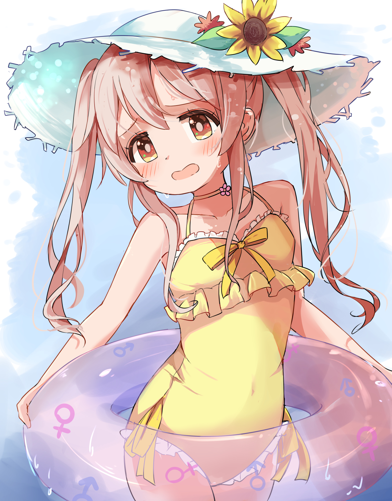kazura, oyama mahiro, onii-chan wa oshimai!, highres, 1girl, bare arms, breasts, casual one-piece swimsuit, flower, frilled one-piece swimsuit, frills, hat, hat flower, innertube, long hair, one-piece swimsuit, small breasts, solo, sun hat, swim ring, swimsuit, twintails, yellow one-piece swimsuit