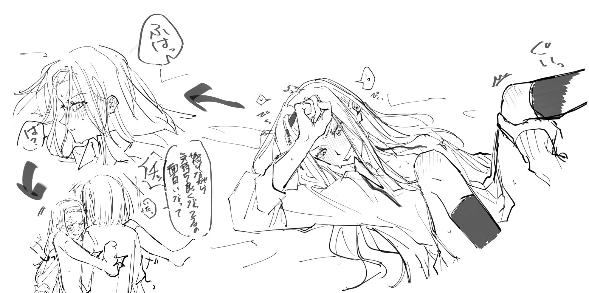 kirarazaka marina, kuze shizuka, takopii no genzai, highres, translation request, anger vein, arrow (symbol), between legs, black hair, blonde hair, blush, bow, bowtie, full-face blush, girl on top, hairband, hand on own face, hands on another's thighs, headband, implied sex, long hair, lying, mobudeshi, monochrome, on back, on bed, open clothes, open shirt, pantyhose, school uniform, shirt, short hair, speech bubble, spoken anger vein, sweatdrop, tears, white background, yuri