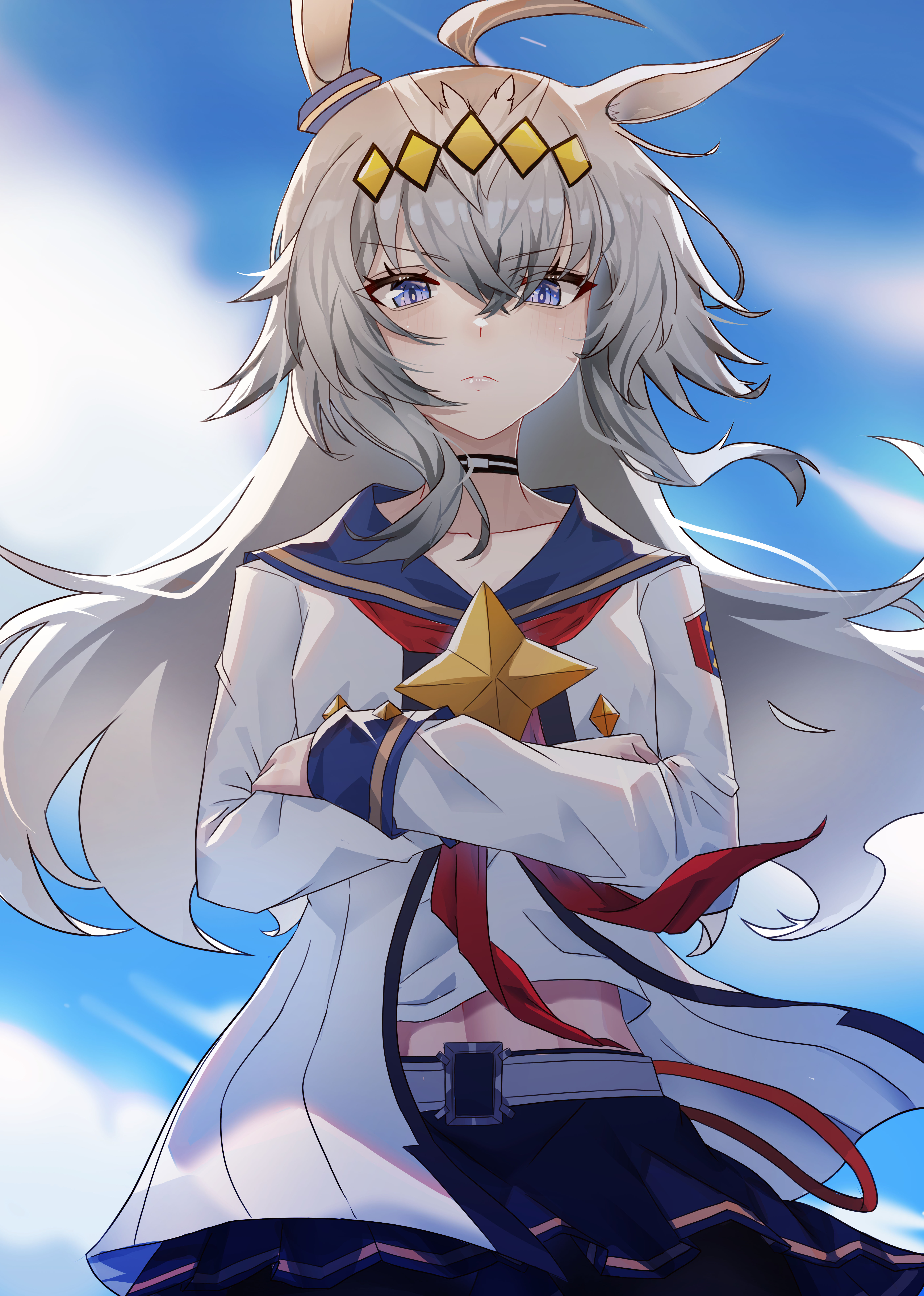 kongbai huanxiang, oguri cap (umamusume), umamusume, absurdres, chinese commentary, commentary, highres, 1girl, ahoge, animal ears, belt, blue eyes, blue sailor collar, blue skirt, blue sky, closed mouth, collarbone, crossed arms, ear ornament, frown, grey belt, grey hair, hair between eyes, horse ears, horse girl, long hair, long sleeves, midriff, neckerchief, oguri cap (starlight beat) (umamusume), red neckerchief, sailor collar, shirt, skirt, sky, solo, upper body, v-shaped eyebrows, white shirt