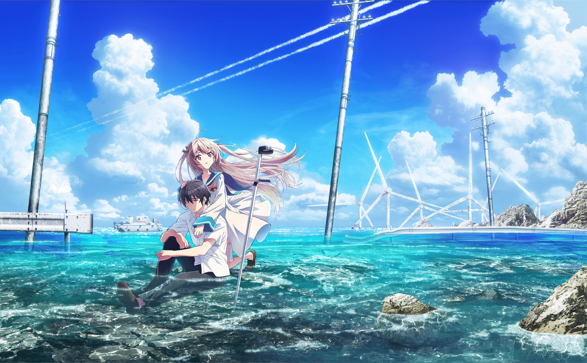 satou michio, atri, ikaruga natsuki, atri-my dear moments-, highres, key visual, official art, promotional art, 1boy, 1girl, :o, ahoge, anime coloring, black hair, black pants, black ribbon, blue eyes, blue sailor collar, breasts, brown hair, brown shoes, closed mouth, cloud, collared shirt, contrail, crutch, dress, full body, guard rail, hair between eyes, hair ribbon, head hug, loafers, long hair, long sleeves, looking down, looking up, neckerchief, ocean, open mouth, outdoors, pants, red eyes, red neckerchief, ribbon, sailor collar, sailor dress, school uniform, shirt, shoes, short hair, short sleeves, sitting, sky, standing, two side up, utility pole, very long hair, water, white dress, white shirt, wide sleeves, wind turbine, windmill