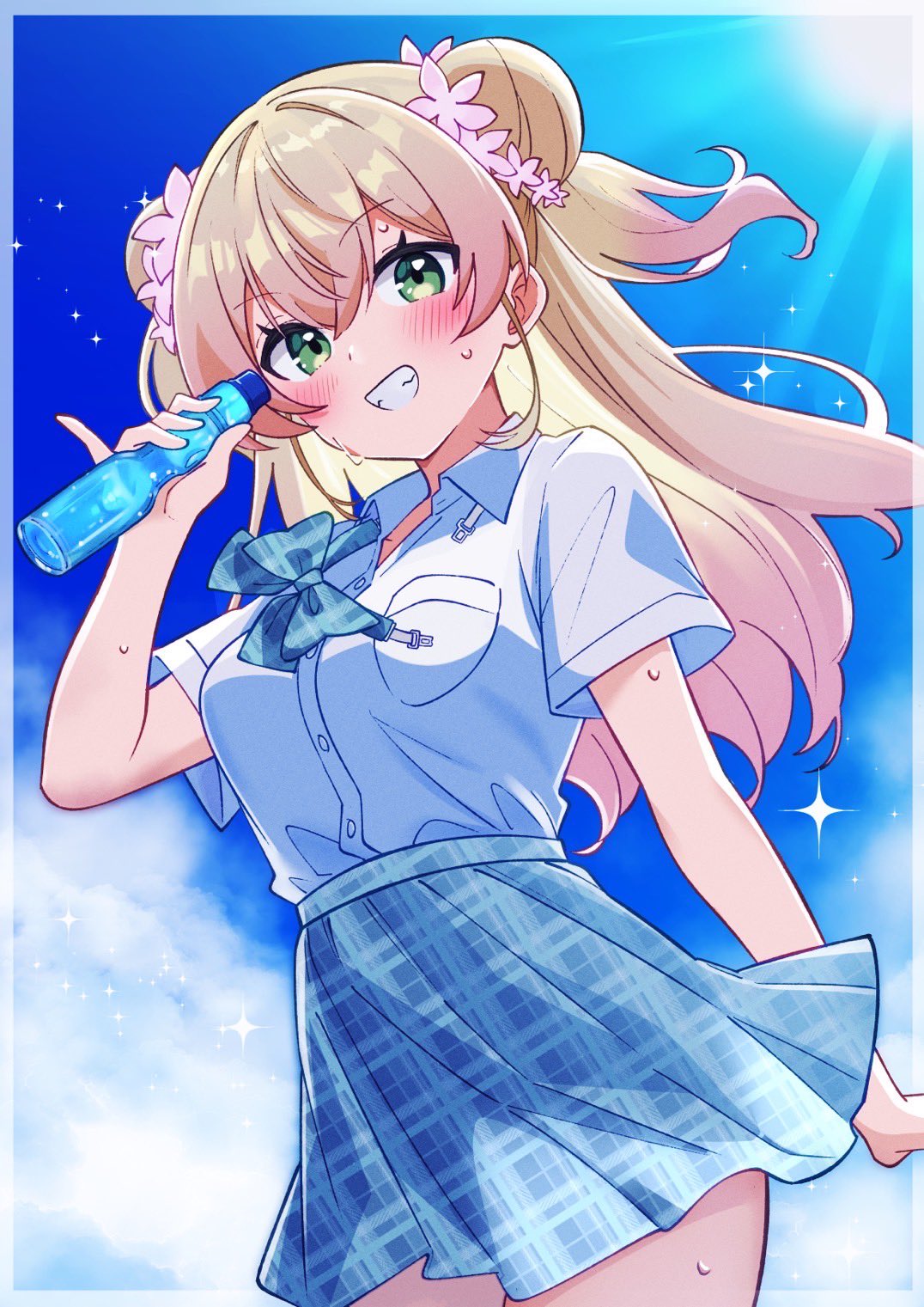 kakaramama, momosuzu nene, hololive, commentary request, highres, 1girl, aogami high school uniform, aqua bow, aqua bowtie, blonde hair, blue sky, blush, bow, bowtie, breast pocket, cloud, cloudy sky, collared shirt, cowboy shot, crossed bangs, day, double bun, drink, flower, gradient hair, green eyes, grin, hair bun, hair flower, hair ornament, holding, holding drink, long hair, looking at viewer, multicolored hair, official alternate costume, outdoors, outside border, pink flower, pink hair, pinky out, plaid bow, plaid bowtie, plaid clothes, plaid skirt, pleated skirt, pocket, ramune, school uniform, shirt, shirt tucked in, short sleeves, skirt, sky, smile, sparkle, sunlight, sweat, two side up, virtual youtuber, white shirt