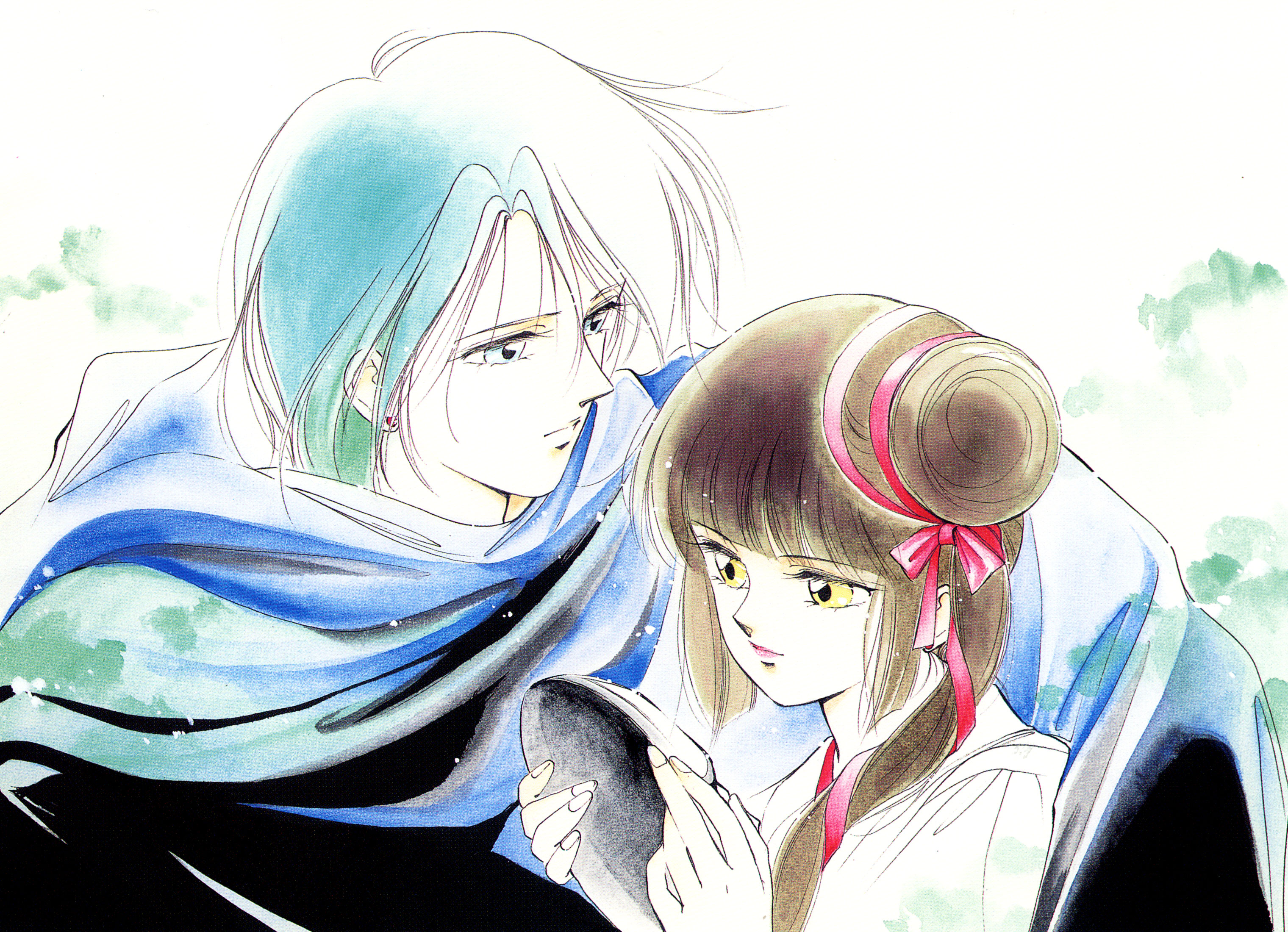 kakinouchi narumi, larva (vampire princess miyu), miyu (vampire princess miyu), vampire princess miyu, highres, scan, 1990s (style), 1boy, 1girl, blunt bangs, hair bun, hime cut, retro artstyle, single hair bun, single side bun
