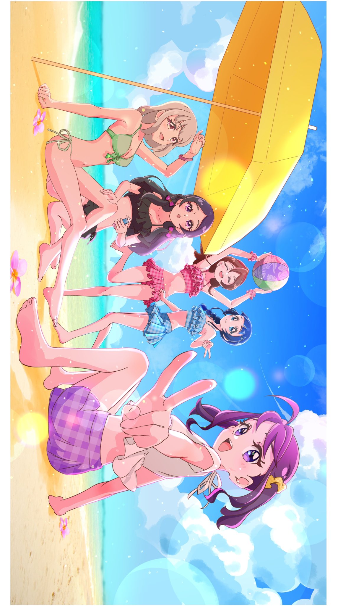 kengo kumaxile, aokaze nana, meroron (precure), purirun (precure), sakura uta (precure), shigure kokoro, kimi to idol precure, precure, highres, 5girls, applying sunscreen, ball, bare arms, bare legs, bare shoulders, beach, beachball, bikini, black bikini, black hair, blonde hair, blue bikini, blue eyes, blue hair, blunt bangs, blurry, bob cut, bokeh, braid, breasts, brown hair, cleavage, cleavage cutout, clothing cutout, cloud, cloudy sky, depth of field, falling petals, flower, full body, gingham bikini, green bikini, hair ribbon, hair tie, hand on another's thigh, hibiscus, holding sunscreen, long hair, lotion, mature female, meroron (civilian) (precure), midriff peek, multiple girls, ocean, parasol, parted bangs, petals, pink bikini, pink eyes, pink petals, purirun (civilian) (precure), purple bikini, purple eyes, purple hair, ribbon, sand, shirt, side braid, single braid, sitting, sky, summer, sunscreen, swimsuit, taking picture, twin braids, twintails, umbrella, v, white shirt