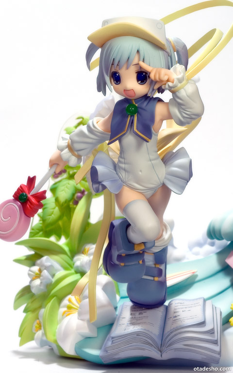 pastel ink, moetan, photo (medium), 00s, blue eyes, blue hair, book, detached sleeves, figure, flower, hat, navel, one-piece swimsuit, running, salute, school swimsuit, single thighhigh, smile, solo, swimsuit, thighhighs, wand, white one-piece swimsuit, white school swimsuit