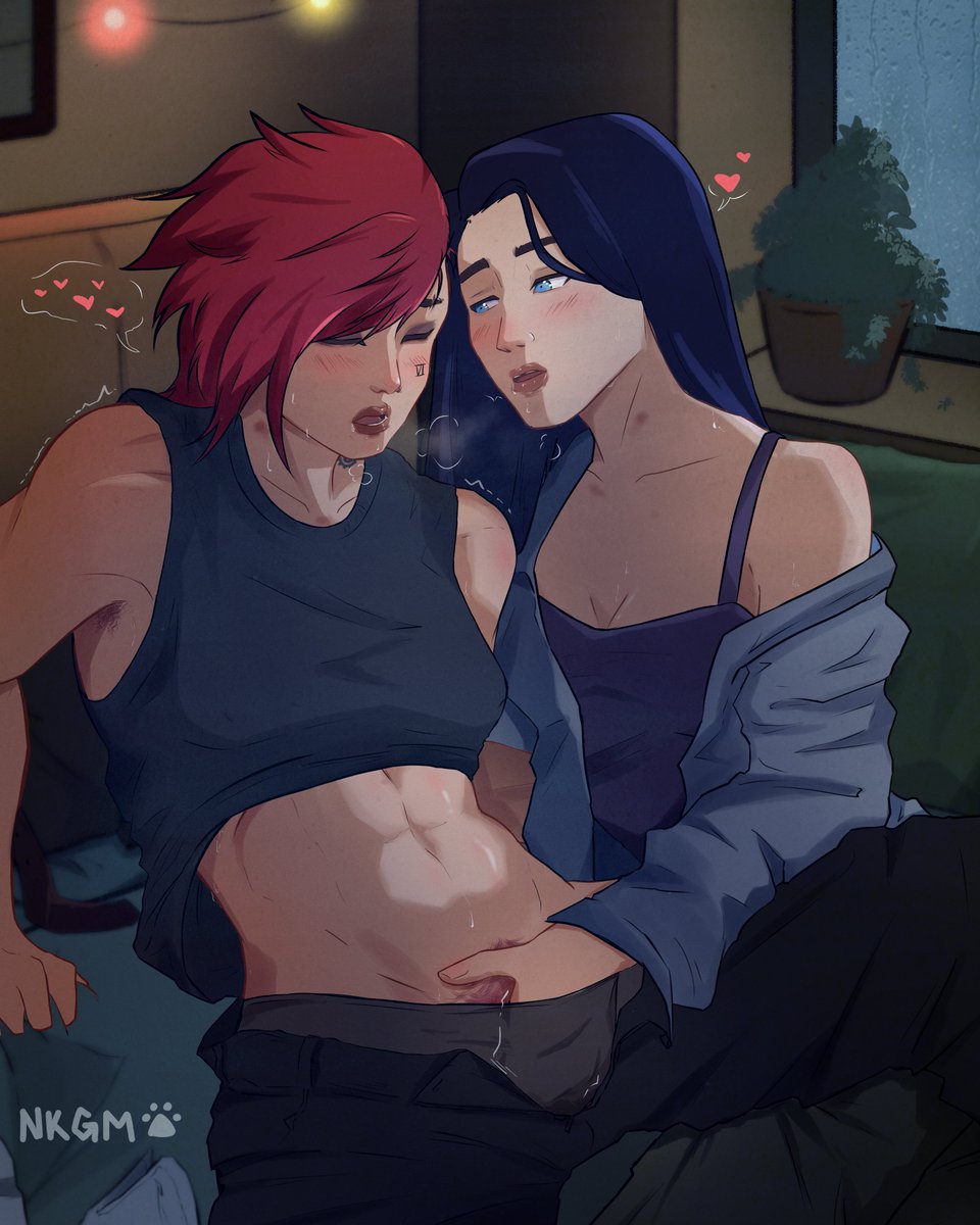 nekogranma, arcane caitlyn, arcane vi, caitlyn (league of legends), vi (league of legends), arcane: league of legends, league of legends, commentary, english commentary, highres, 2girls, abs, black eyeshadow, black pants, black tank top, blue eyes, blue hair, blush, closed eyes, eyeshadow, facial tattoo, female pubic hair, fingering, heart, hickey, indoors, long hair, looking at another, makeup, multiple girls, off shoulder, open mouth, pants, plant, potted plant, pubic hair, red hair, red pubic hair, saliva, short hair, spoken heart, sweat, tank top, tattoo, toned, toned female, trembling, yuri