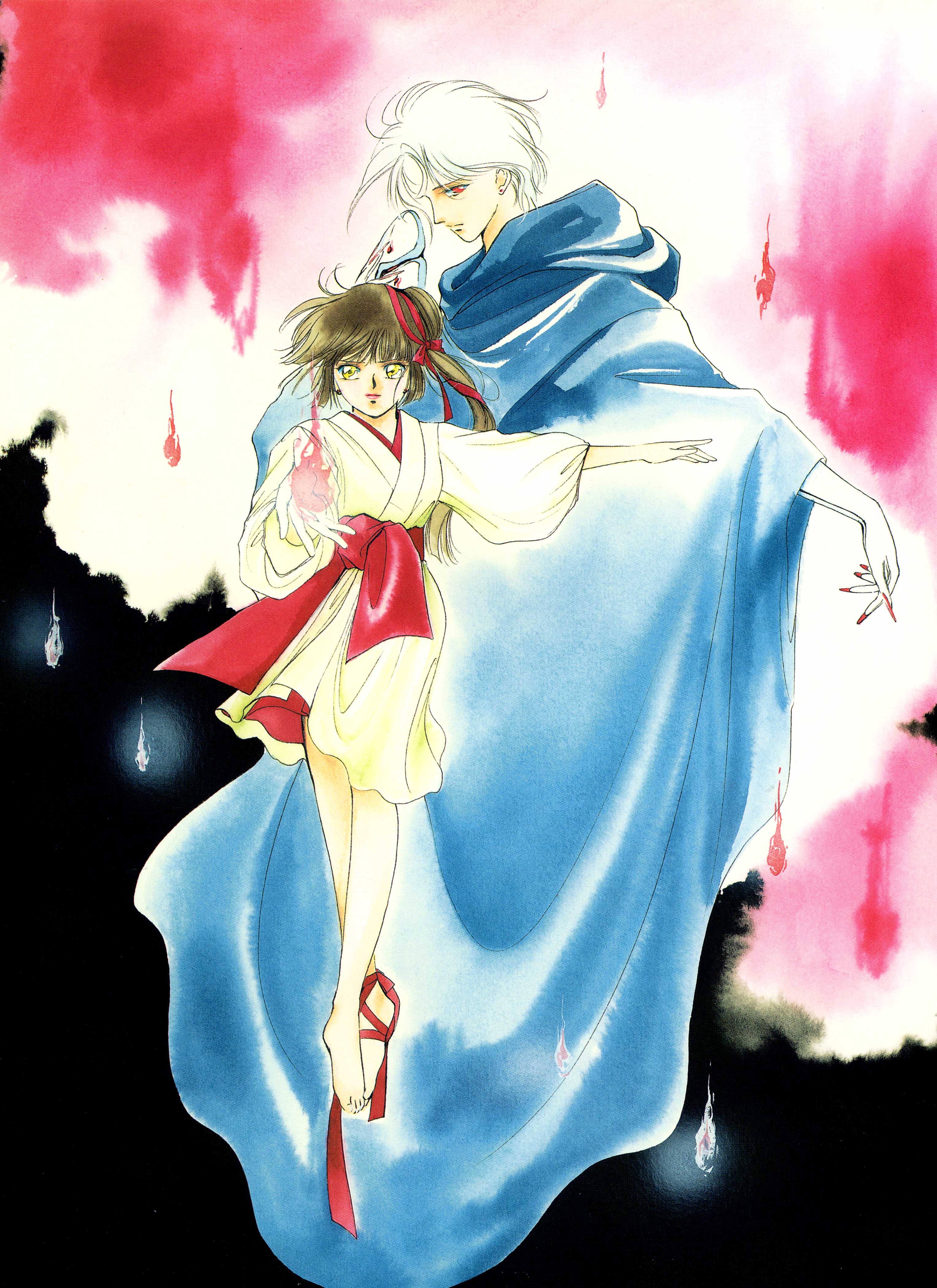kakinouchi narumi, larva (vampire princess miyu), miyu (vampire princess miyu), vampire princess miyu, absurdres, highres, scan, 1990s (style), 1boy, 1girl, ankle ribbon, barefoot, blunt bangs, hair bun, hime cut, leg ribbon, mask, retro artstyle, ribbon, single hair bun, single side bun