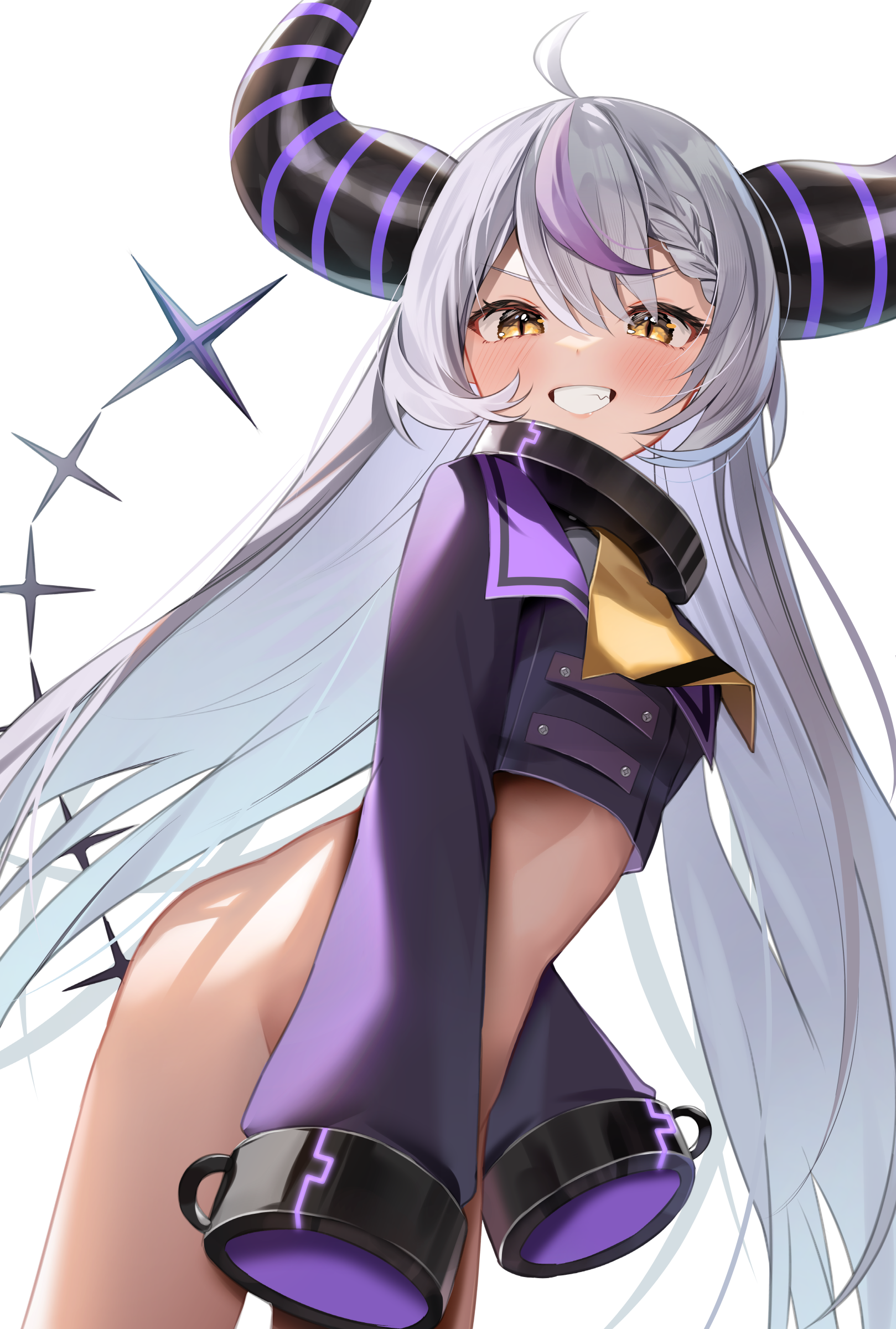 shuvi (shuvi1125), la+ darknesss, la+ darknesss (1st costume), hololive, absurdres, commentary, highres, 1girl, ahoge, black horns, bottomless, braid, braided bangs, buttons, collar, cropped jacket, cuffs, demon horns, double-breasted, double-parted bangs, grey hair, grin, horns, jacket, long hair, long sleeves, looking at viewer, metal collar, multicolored hair, neckerchief, pointy ears, purple hair, purple jacket, simple background, sleeves past fingers, sleeves past wrists, slit pupils, smile, solo, streaked hair, striped horns, tail, very long hair, virtual youtuber, white background, yellow eyes, yellow neckerchief