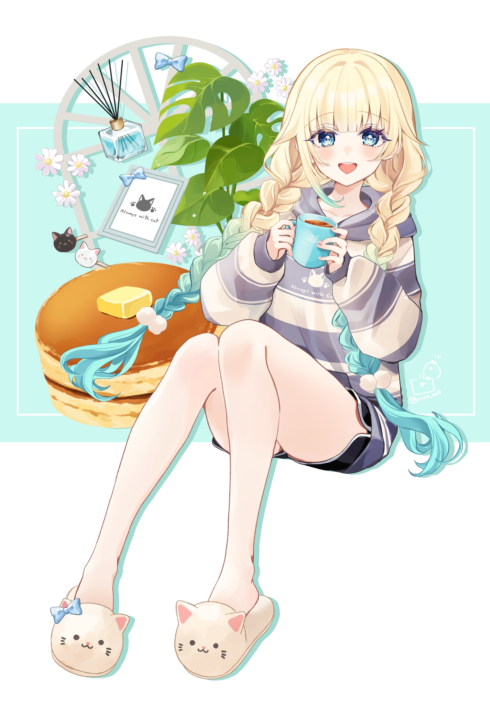 rino cnc, aizawa ema, vspo!, absurdres, commentary request, highres, partial commentary, 1girl, animal slippers, blonde hair, blue eyes, braid, cup, food, gradient hair, holding, hood, long hair, multicolored hair, pancake, shorts, slippers, smile, solo, twin braids