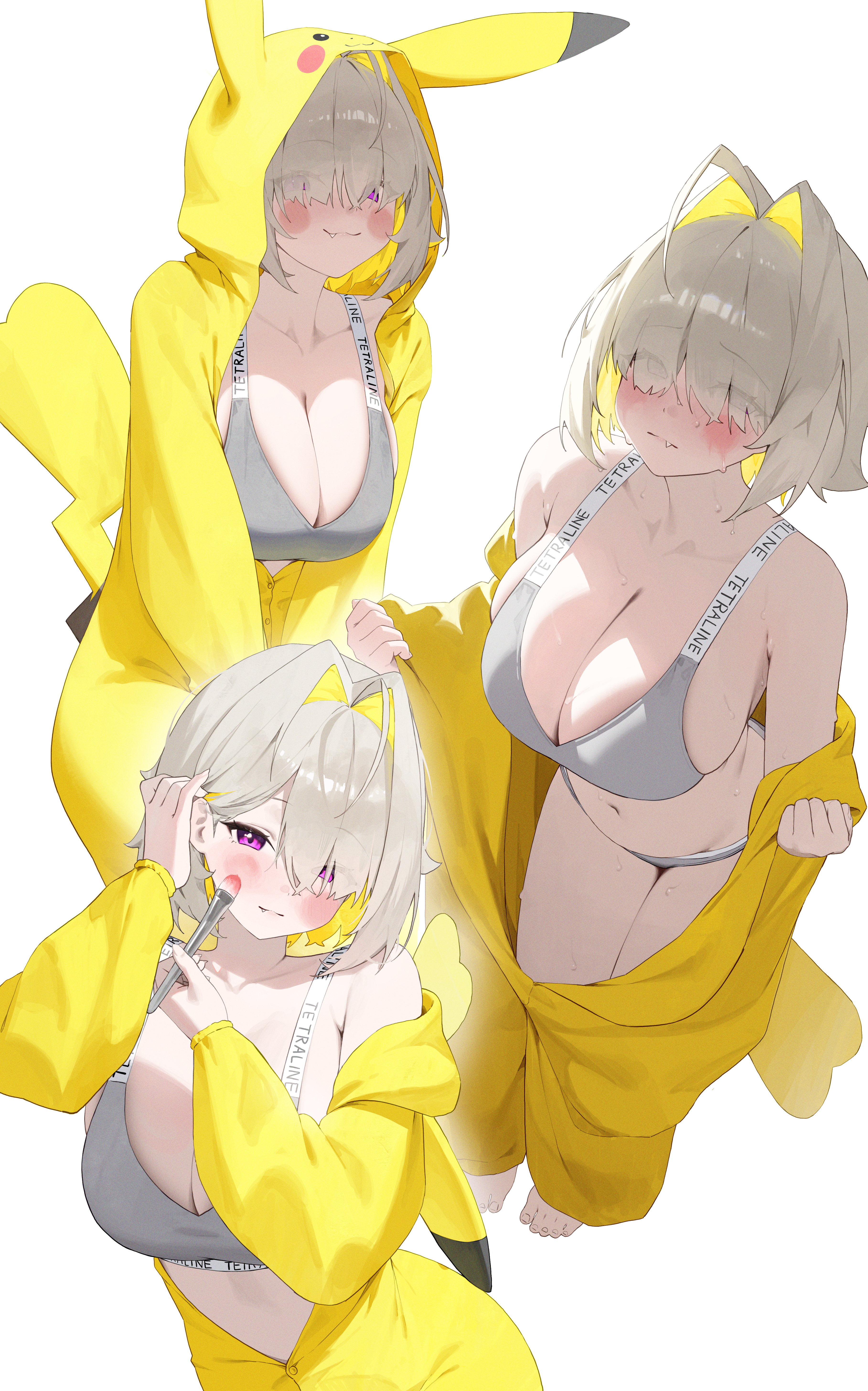 nikku nana, elegg (nikke), pikachu, goddess of victory: nikke, nintendo, pokemon, absurdres, commentary, highres, symbol-only commentary, 1girl, :3, ahoge, animal ears, applying makeup, armpit crease, armpits, blush, blush stickers, bra, breasts, cleavage, closed mouth, collarbone, colored inner hair, cosplay, fang, fang out, fingernails, gen 1 pokemon, grey background, grey bra, grey panties, grey sports bra, hair behind ear, hair intakes, hair over eyes, holding, holding brush, holding makeup brush, huge breasts, kigurumi, large breasts, leaning forward, makeup brush, medium hair, multicolored hair, multiple views, navel, panties, pikachu (cosplay), pikachu costume, pikachu ears, pikachu hood, pikachu tail, pink eyes, pokemon tail, simple background, smile, solo focus, sports bra, stomach, sweat, tail, thighs, two-tone hair, underwear, white background