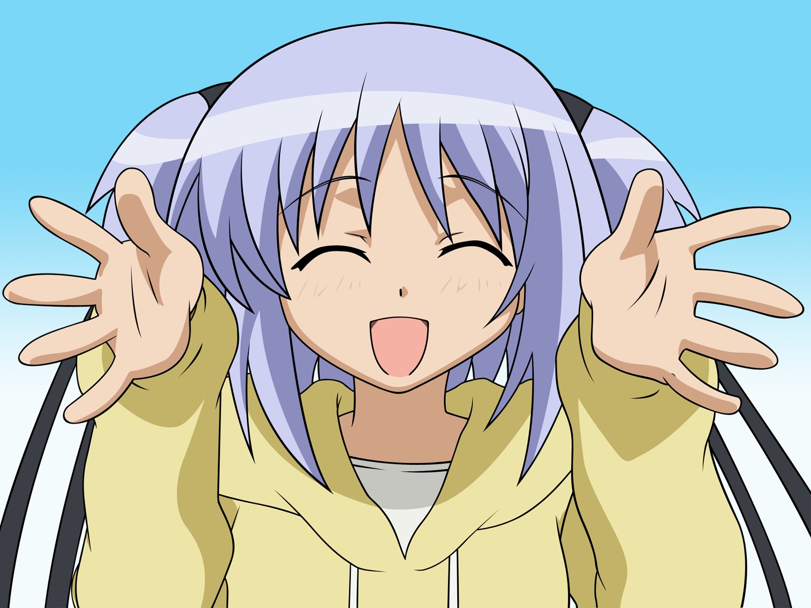 mitsukai dokuro, bokusatsu tenshi dokuro-chan, derivative work, highres, vector trace, 00s, blue hair, closed eyes, happy, smile, solo, sweater