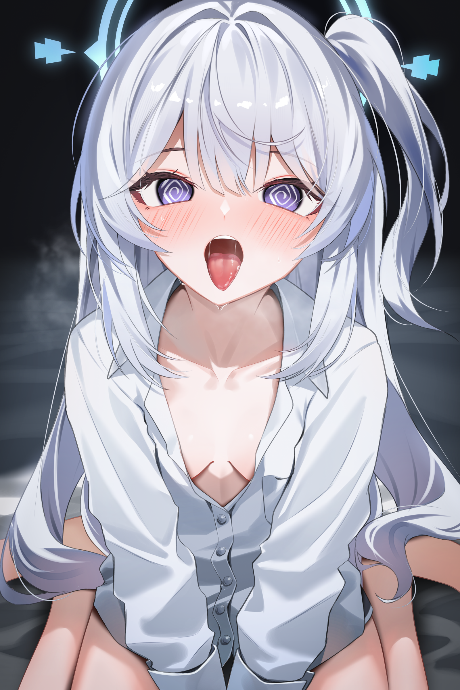shuvi (shuvi1125), miyako (blue archive), blue archive, absurdres, commentary, highres, 1girl, blue halo, blush, breasts, halo, long hair, looking at viewer, one side up, open mouth, purple eyes, shirt, solo, tongue, tongue out, white shirt