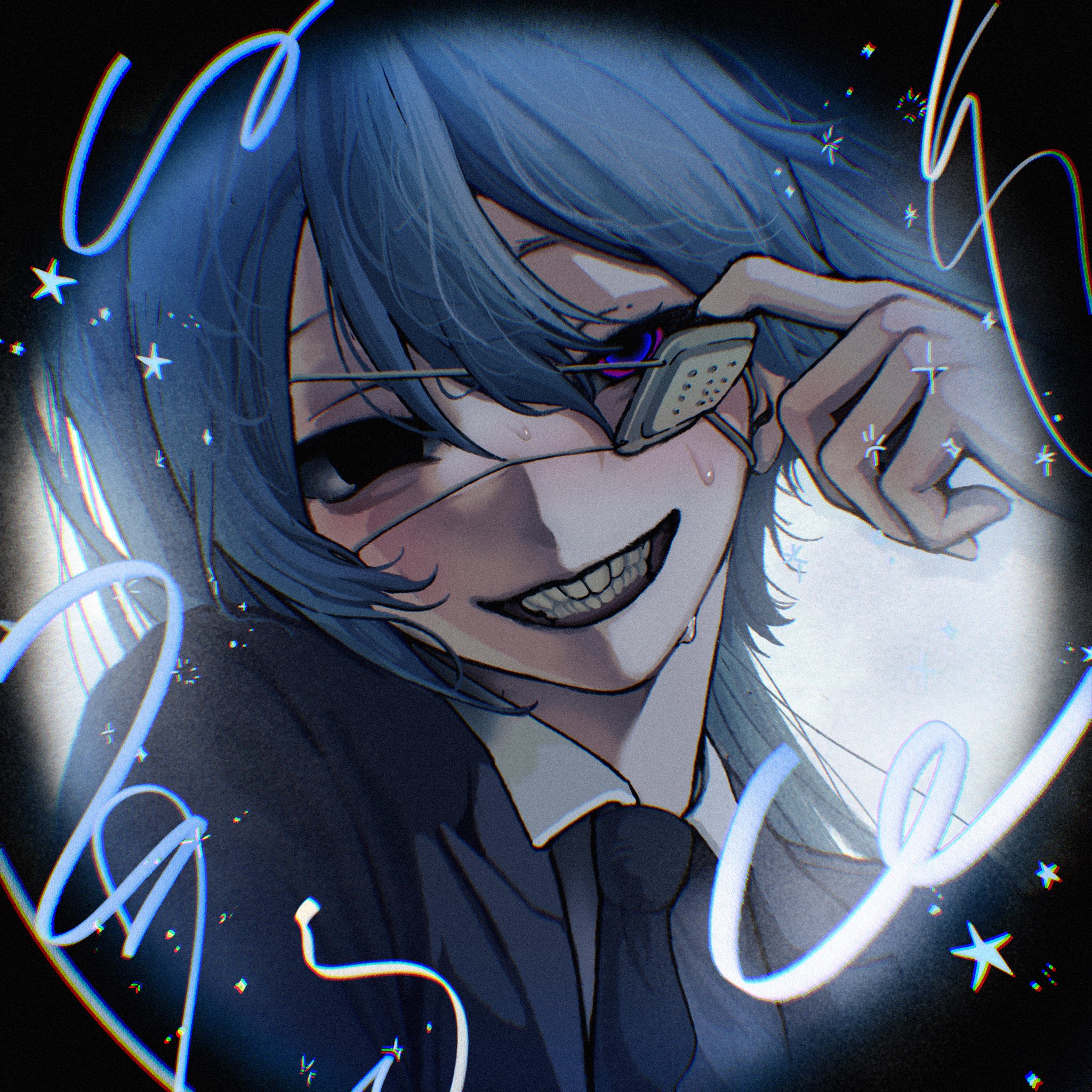 depss772, hatsune miku, monitoring (vocaloid), vocaloid, highres, 1girl, black eyes, black jacket, black necktie, blue eyes, blue hair, blush, clenched teeth, collared shirt, eyepatch, eyepatch pull, heterochromia, jacket, long hair, looking at viewer, medical eyepatch, multicolored eyes, necktie, pov peephole, purple eyes, shirt, solo, sweat, teeth, two-tone eyes, white shirt