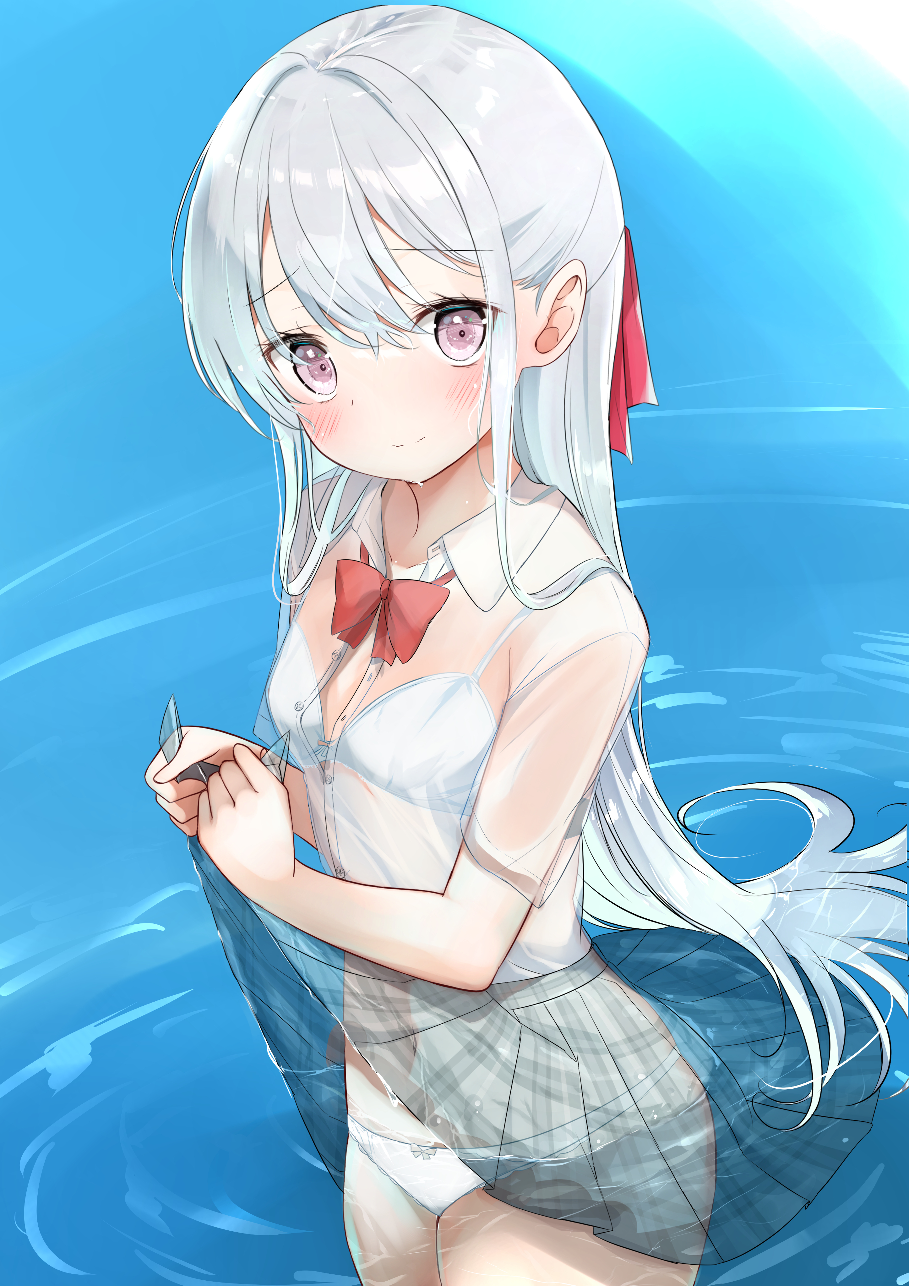 hamaken. (novelize), original, absurdres, commentary request, highres, paid reward available, 1girl, blush, bow, bra, clothes lift, lifting own clothes, long hair, looking at viewer, panties, see-through clothes, shirt, skirt, skirt lift, solo, underwear, water, wet, wet clothes, white panties, white shirt