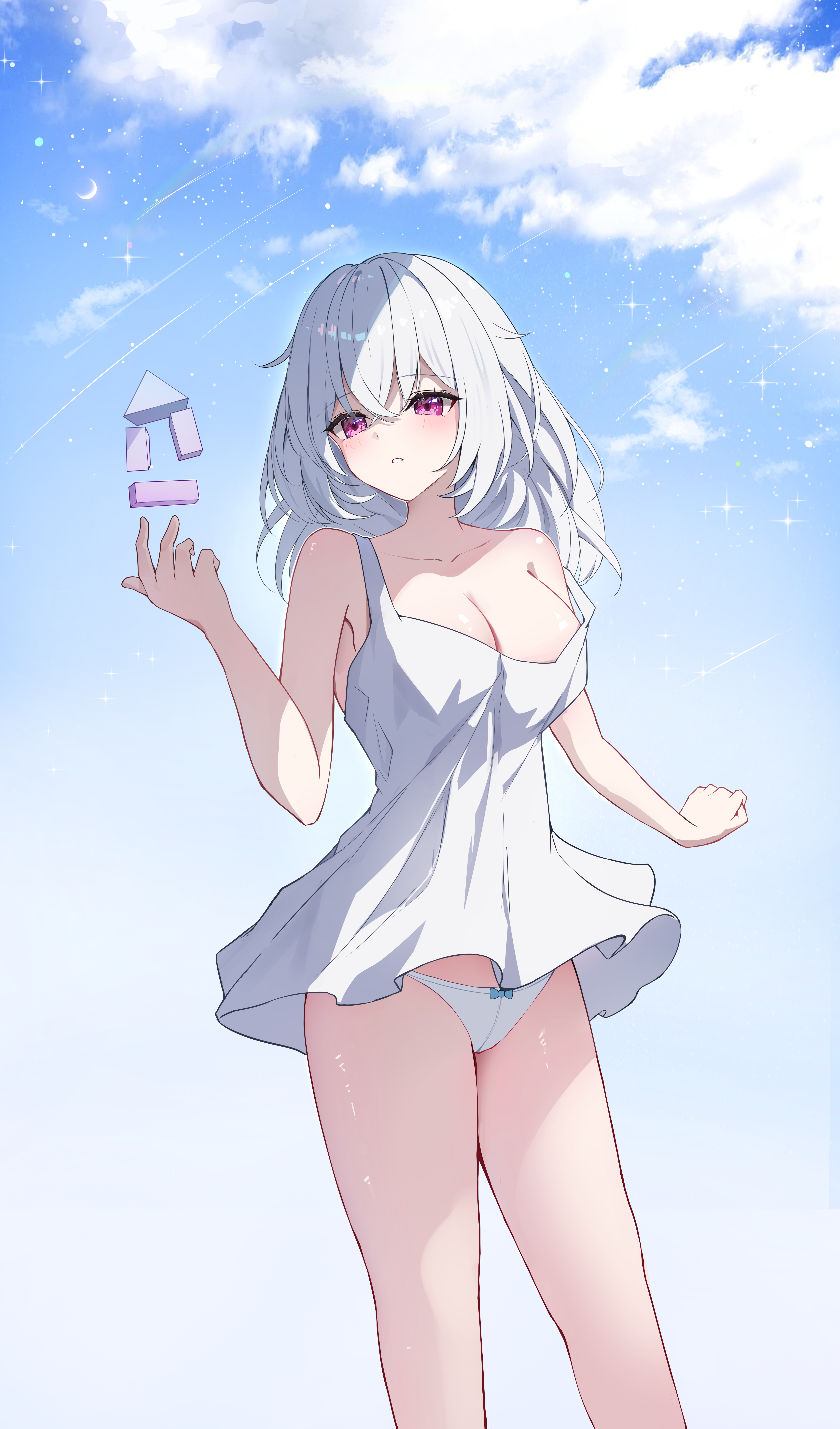 yeni1871, skirk (genshin impact), genshin impact, absurdres, commentary request, highres, 1girl, aged down, bare shoulders, blue sky, bow, bow panties, breasts, cleavage, cloud, dress, large breasts, long hair, medium hair, outdoors, panties, purple eyes, sky, solo, underwear, white dress, white hair, white panties