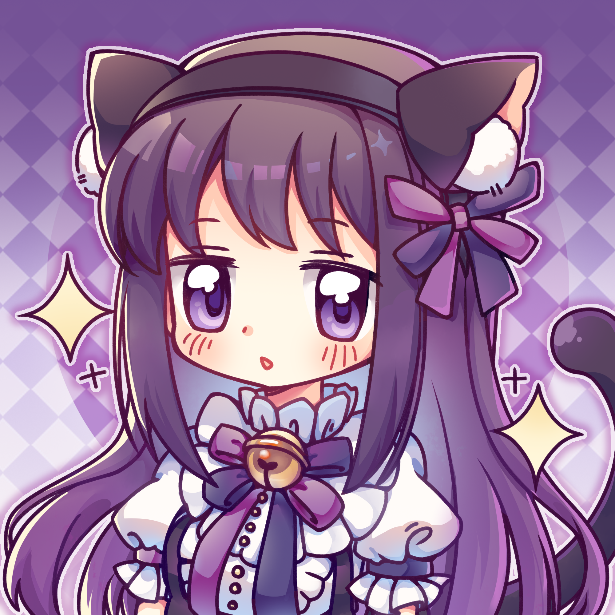 akemi homura, mahou shoujo madoka magica, mahou shoujo madoka magica (anime), highres, 1girl, animal ear fluff, animal ears, bell, black hairband, blush, cat ears, cat girl, cat tail, checkered background, frilled sleeves, frills, hairband, jingle bell, kemonomimi mode, long hair, mi mi ruqin, neck bell, neck ribbon, open mouth, outline, purple background, purple eyes, purple hair, purple ribbon, ribbon, shirt, short sleeves, sidelocks, solo, sparkle, tail, upper body, white outline, white shirt