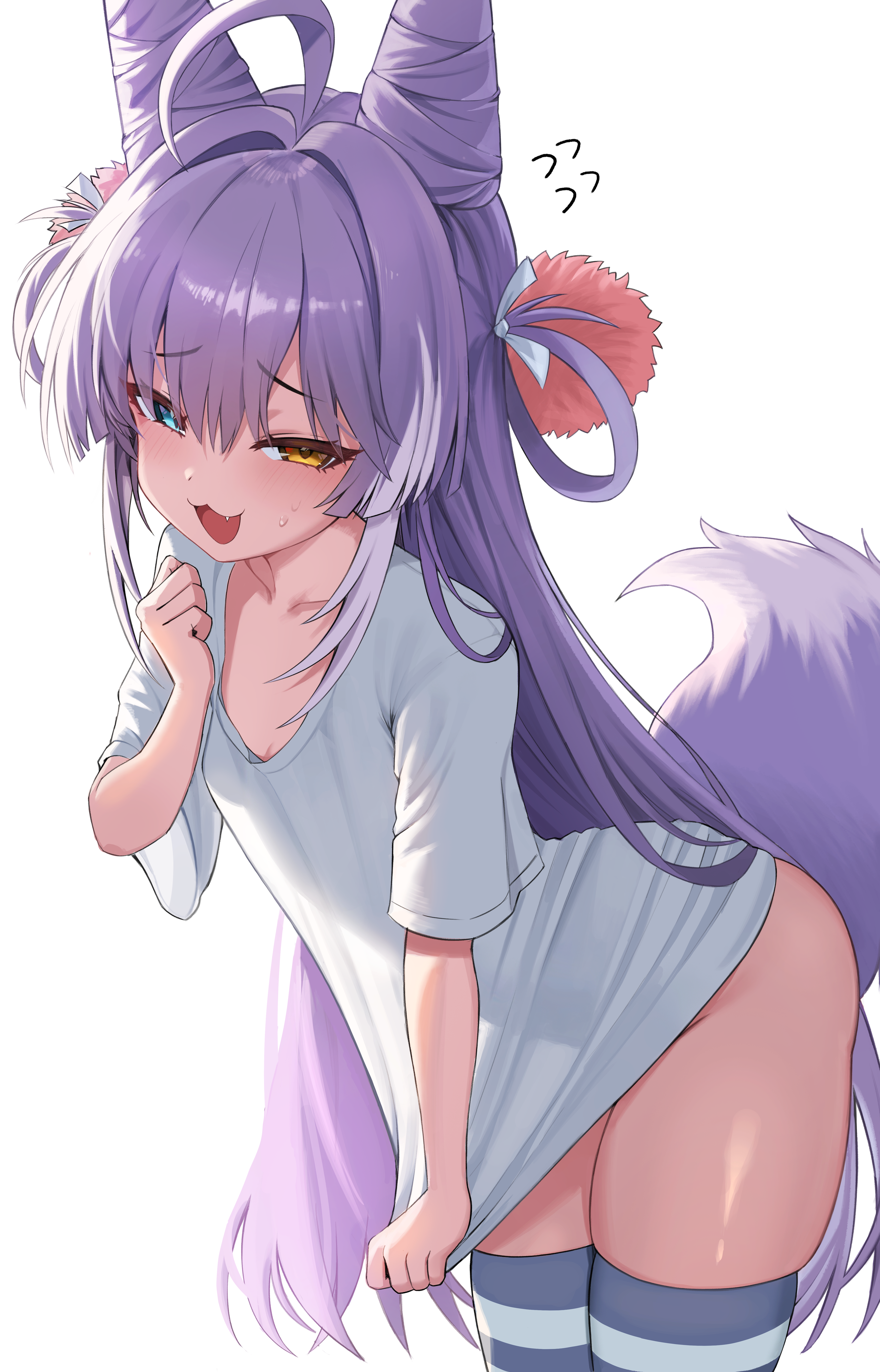 dasi (kwts3227), tenko shibuki, stellive, absurdres, commentary, highres, 1girl, :3, ahoge, arched back, bent over, blue eyes, bottomless, breasts, clothes pull, cone hair bun, cowboy shot, fang, fox girl, fox tail, hair bun, hair ornament, hair rings, heterochromia, open mouth, pom pom (clothes), pom pom hair ornament, pulling own clothes, purple hair, see-through silhouette, shirt, shirt pull, short sleeves, simple background, skindentation, small breasts, smile, solo, striped clothes, striped thighhighs, sweatdrop, tail, thighhighs, thighs, virtual youtuber, white background, white shirt, yellow eyes