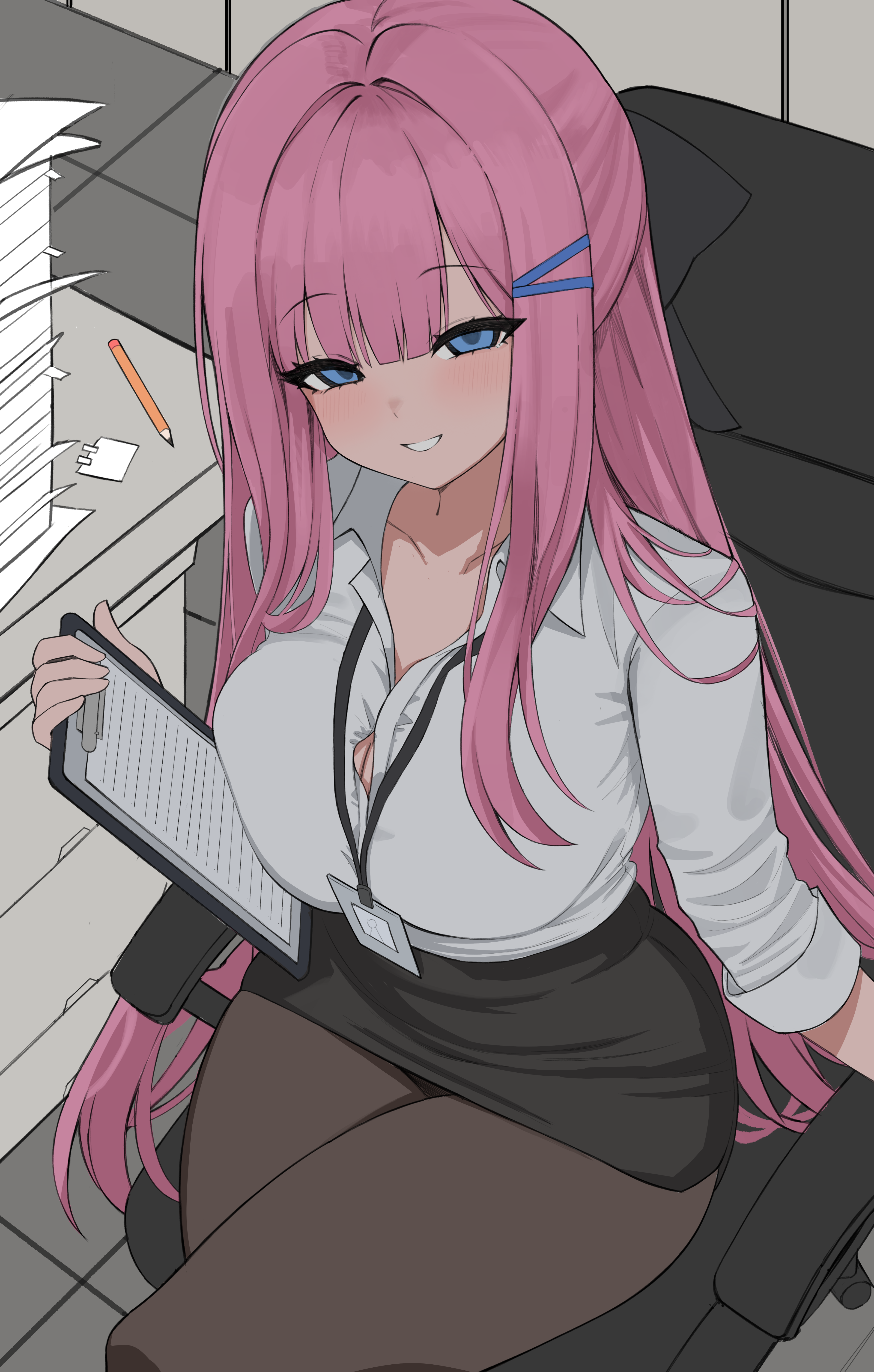 dasi (kwts3227), charlotte (black survival), black survival, eternal return: black survival, absurdres, commentary, highres, 1girl, alternate costume, black skirt, blue eyes, bow, breasts, brown pantyhose, button gap, chair, cleavage, collared shirt, dress shirt, grin, hair bow, half updo, holding, id card, large breasts, long sleeves, miniskirt, office chair, office lady, pantyhose, paper stack, pencil skirt, pink hair, shirt, sitting, skirt, smile, solo, swivel chair, white shirt