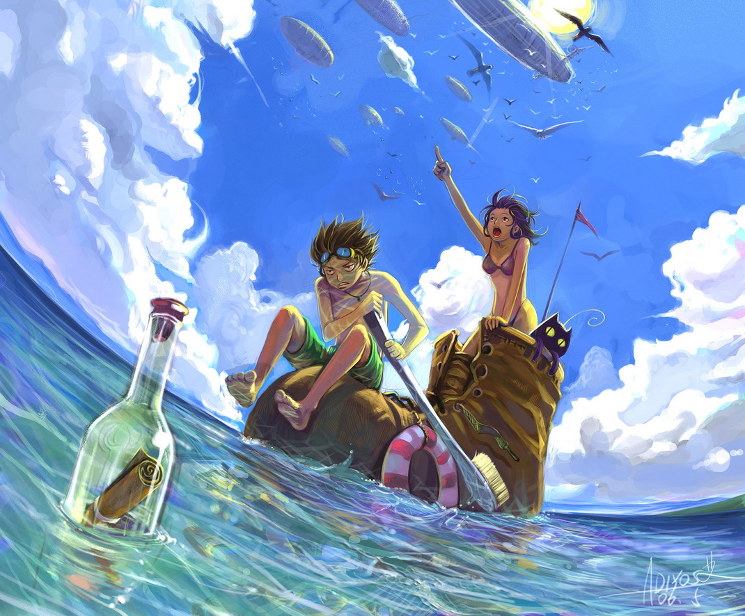 adiyos, 00s, 1boy, 1girl, 2006, aircraft, airship, bikini, bird, boots, bottle, cat, cloud, day, dirigible, fisheye, flag, flying, glasses, goggles, goggles on head, innertube, landscape, message in a bottle, ocean, outdoors, oversized object, perspective, pointing, reflection, scenery, scroll, seagull, signature, sky, sun, swim ring, swimsuit, toothbrush, topless male, water