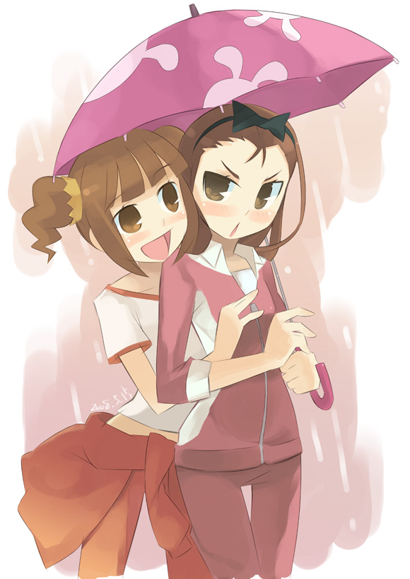 noripachi, minase iori, takatsuki yayoi, idolmaster, idolmaster (classic), idolmaster 1, 00s, 2girls, brown eyes, brown hair, female focus, gradient background, holding, holding umbrella, multiple girls, twintails, umbrella, white background