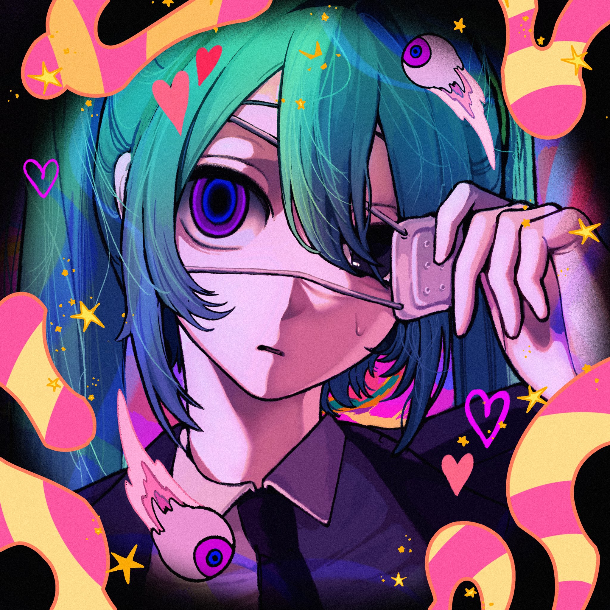 depss772, hatsune miku, monitoring (vocaloid), vocaloid, highres, 1girl, black eyes, black jacket, black necktie, blue eyes, collared shirt, eyeball, eyepatch, eyepatch pull, green hair, hair between eyes, heart, heterochromia, jacket, long hair, looking at viewer, medical eyepatch, multicolored eyes, necktie, parted lips, pov peephole, purple eyes, shirt, solo, star (symbol), sweatdrop, twintails, two-tone eyes, white shirt