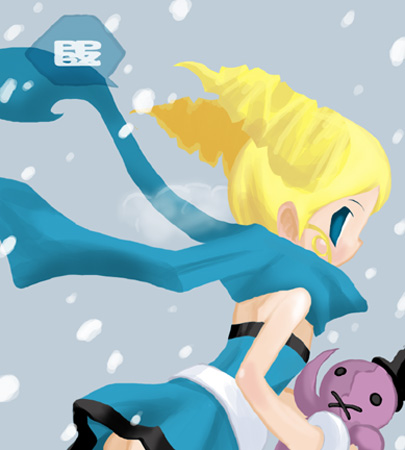 goutokuji miyako, octi, rolling bubbles, powerpuff girls, powerpuff girls z, lowres, 00s, 1girl, ass, belt, blonde hair, blue eyes, drill hair, oekaki, scarf, skirt, snow
