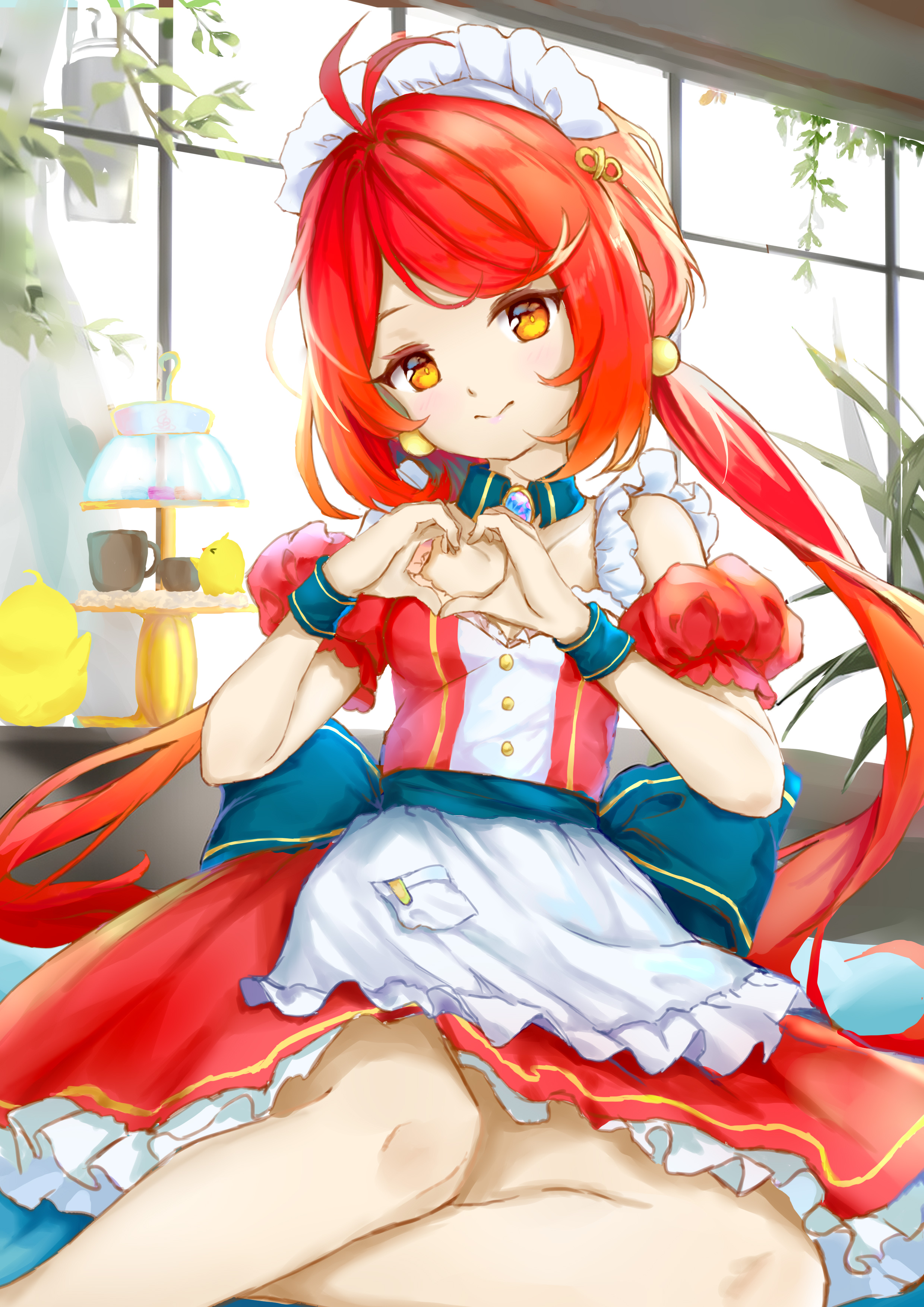 jersey (azur lane), manjuu (azur lane), azur lane, absurdres, highres, 1girl, :>, alternate costume, apron, beta quadrant, blue bow, bow, closed mouth, dress, dress bow, enmaided, frilled dress, frilled hairband, frills, hairband, hands up, heart, heart hands, long hair, looking at viewer, low twintails, maid, orange eyes, red dress, red hair, smile, swept bangs, twintails, waist apron, white apron