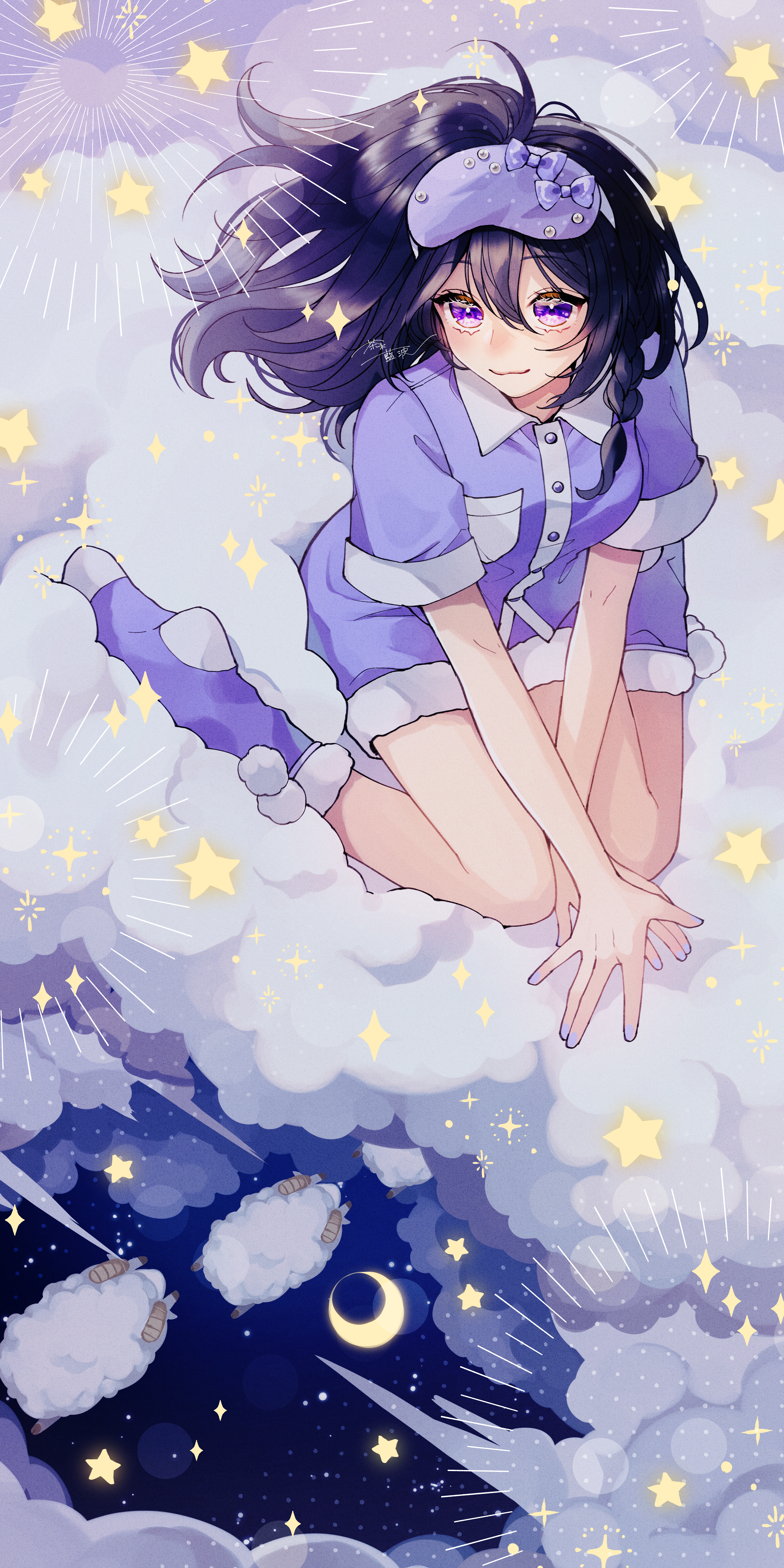 original, absurdres, commentary request, highres, 1girl, black hair, blush, chaki aiha, closed mouth, cloud, collared shirt, contrast collar, full body, fur-trimmed shorts, fur-trimmed socks, fur trim, hair between eyes, long hair, night, night sky, on cloud, purple eyes, purple shirt, purple shorts, purple socks, shirt, short sleeves, shorts, sitting, sky, sleep mask, smile, socks, solo, star (symbol), wariza