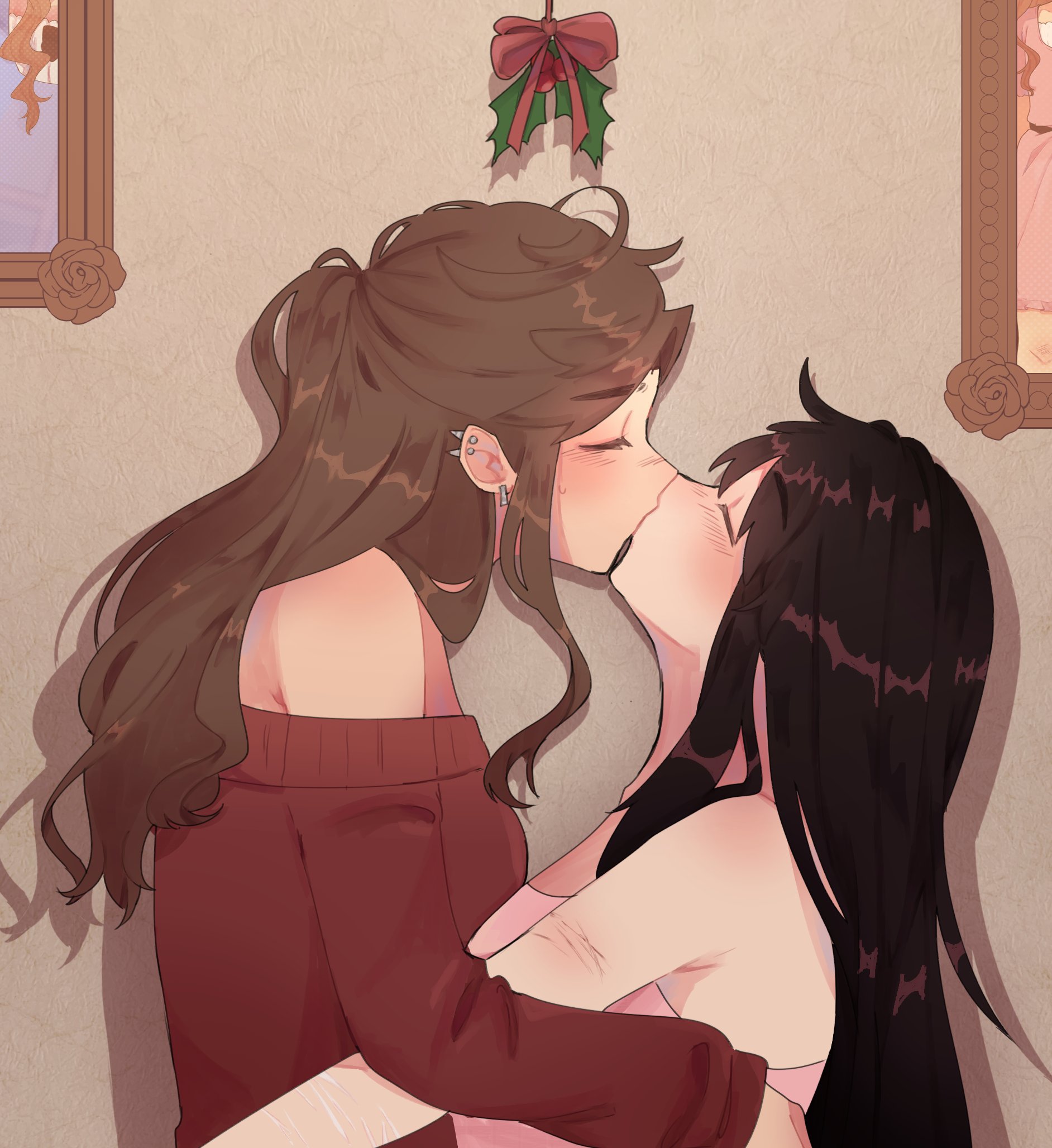 pockiseisont, original, commentary, english commentary, highres, 2girls, black hair, brown hair, closed eyes, dress, ear piercing, indoors, kiss, long hair, mistletoe, multiple girls, off-shoulder sweater, off shoulder, piercing, pink dress, red sweater, self-harm scar, sweat, sweater, yuri