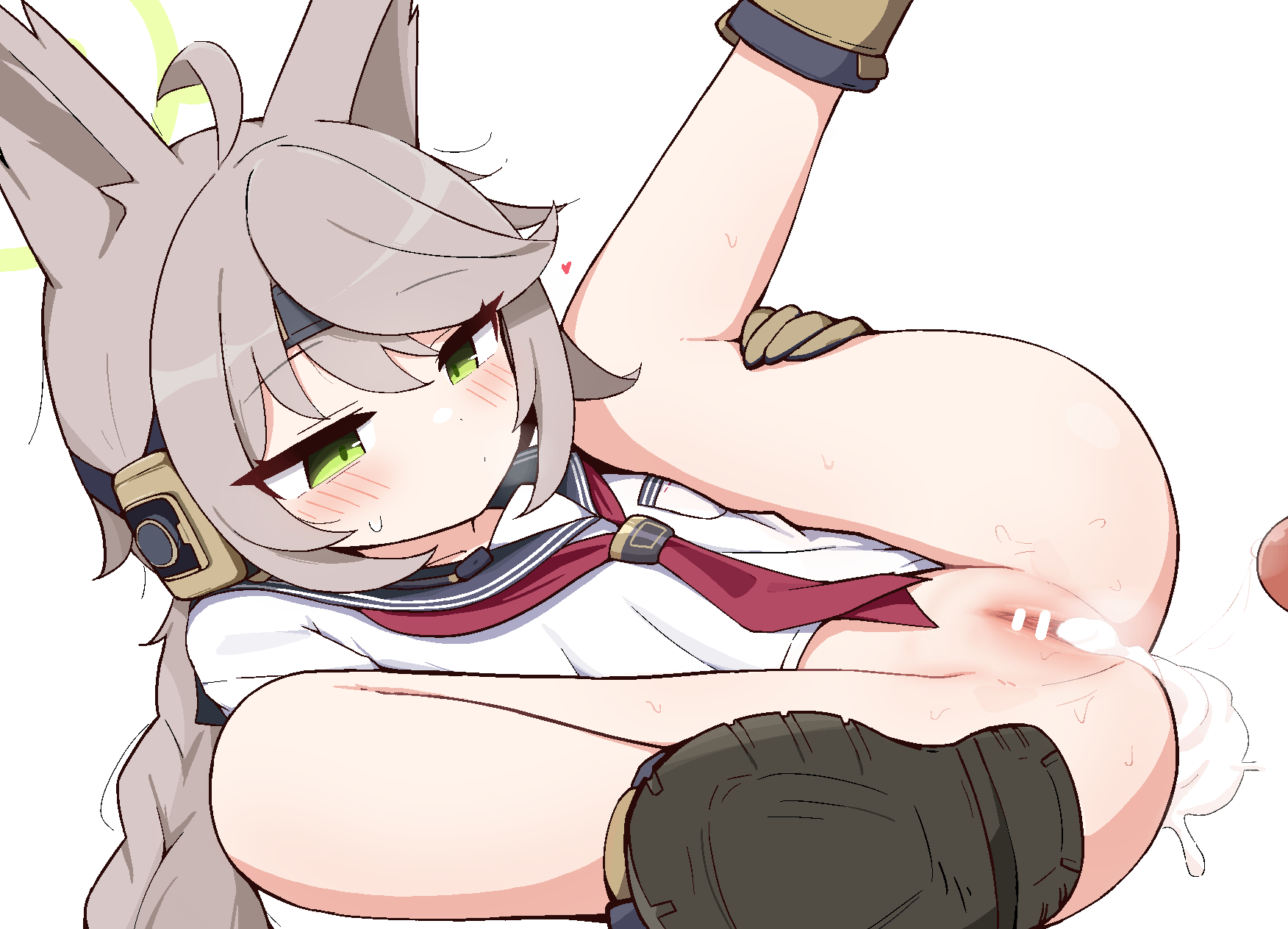 tagyeokgam, otogi (blue archive), blue archive, highres, 1boy, 1girl, after vaginal, aftersex, ahoge, animal ears, bar censor, censored, cum, cum in pussy, cumdrip, fox ears, green eyes, halo, hetero, neckerchief, penis, pussy, red neckerchief, school uniform, serafuku