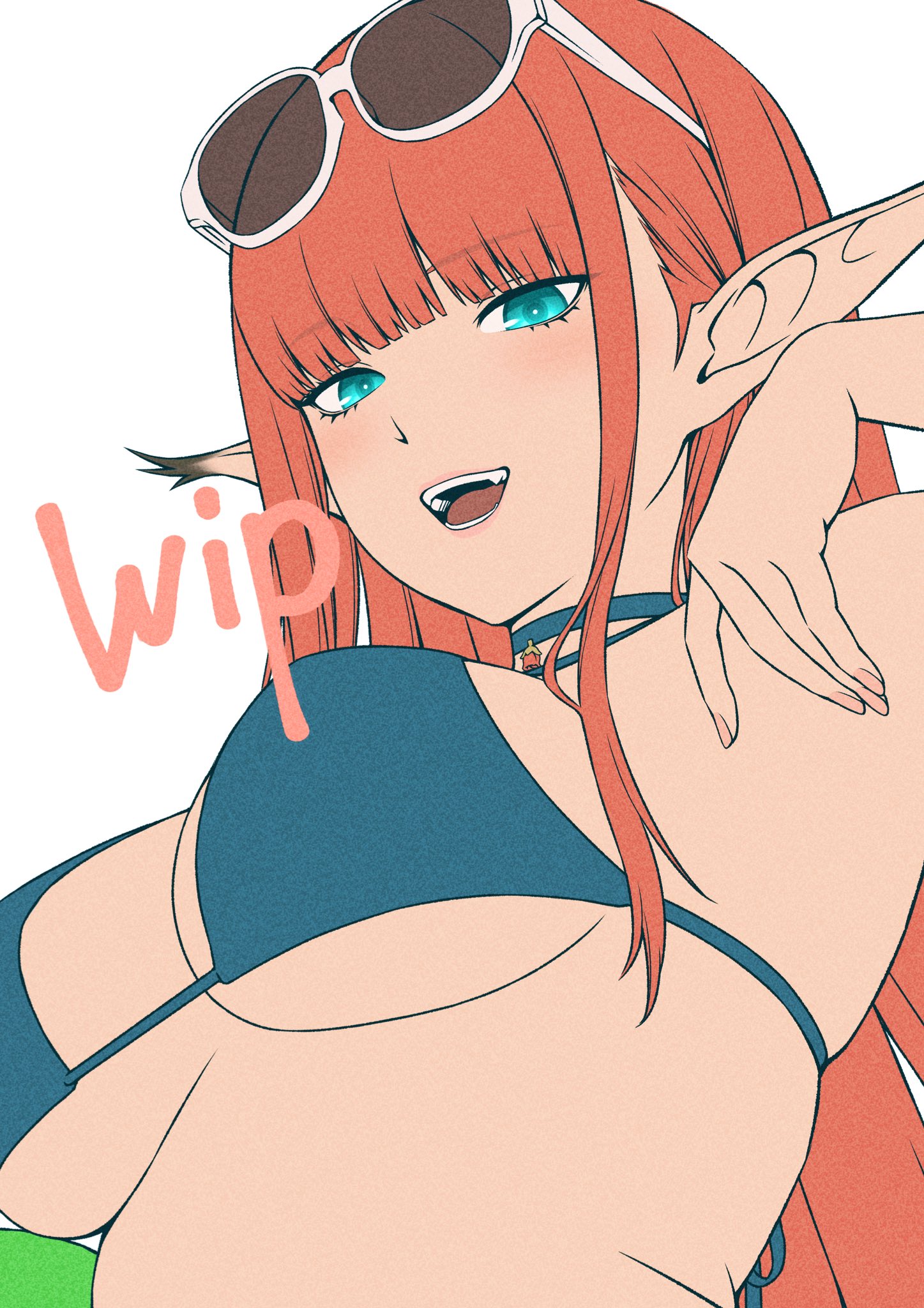 masatoshi 1219, hulkenberg (metaphor: refantazio), metaphor: refantazio, highres, unfinished, 1girl, aqua eyes, bikini, blue bikini, eyewear on head, long hair, looking at viewer, open mouth, orange hair, pointy ears, solo, swimsuit, tinted eyewear, upper body