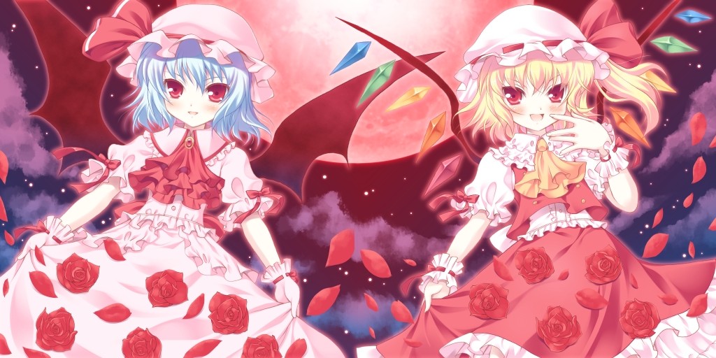 komi zumiko, flandre scarlet, remilia scarlet, touhou, 2girls, bat wings, blonde hair, blue hair, embellished costume, female focus, flower, frills, gathers, gloves, hat, mob cap, moon, multiple girls, night, red eyes, red flower, red moon, red rose, ribbon, rose, short hair, siblings, sisters, skirt basket, wings, wrist cuffs, wristband