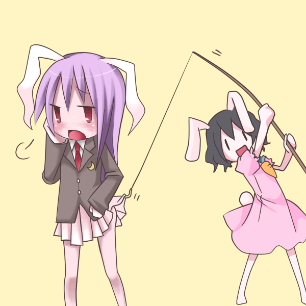 ayane (pixiv), inaba tewi, reisen udongein inaba, touhou, bad id, bad pixiv id, 2girls, animal ears, black hair, clothes lift, dress, female focus, fishing, fishing rod, holding, holding fishing rod, long hair, multiple girls, pleated skirt, purple hair, rabbit ears, red eyes, short hair, simple background, skirt, skirt lift