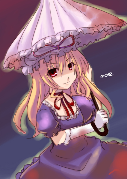 kitahara tomoe (kitahara koubou), yakumo yukari, touhou, bad id, bad pixiv id, 1girl, blonde hair, dress, female focus, gloves, hat, long hair, parasol, red eyes, ribbon, smile, solo, umbrella