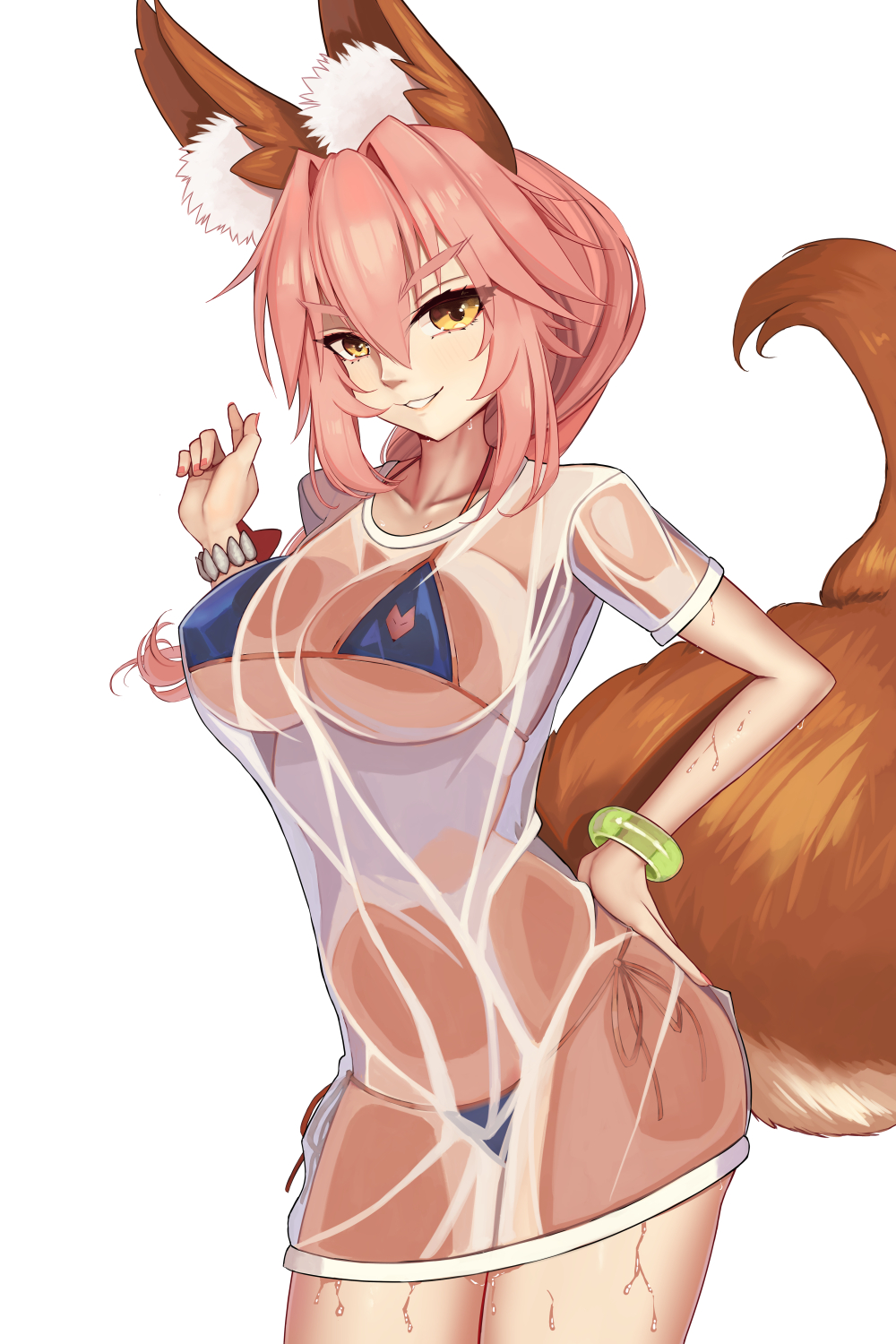 kapi-san, tamamo no mae (fate), tamamo no mae (swimsuit lancer) (fate), tamamo no mae (swimsuit lancer) (second ascension) (fate), fate/grand order, fate (series), tamamo (fate), highres, 1girl, animal ear fluff, animal ears, bikini, bikini under clothes, blue bikini, blush, bracelet, breasts, fox ears, fox girl, fox tail, grin, jewelry, large breasts, long hair, looking at viewer, pink hair, shirt, short sleeves, sidelocks, smile, solo, swimsuit, tail, thighs, wet, wet clothes, wet shirt, white background, white shirt, yellow eyes
