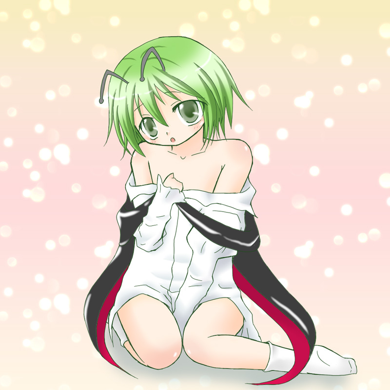 ramia (laminade), wriggle nightbug, touhou, bad id, bad pixiv id, 1girl, antennae, bare shoulders, female focus, green eyes, green hair, matching hair/eyes, short hair, sitting, solo