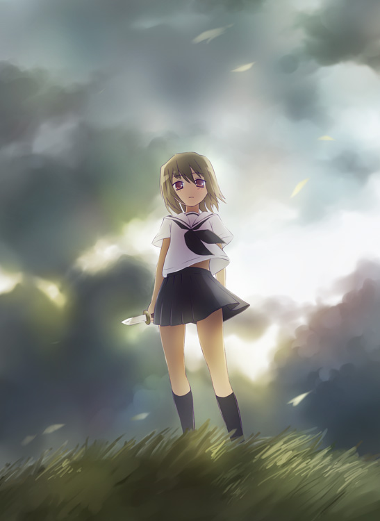 oryo (oryo04), original, 1girl, brown hair, female focus, grass, holding, holding knife, kneehighs, knife, mole, mole under eye, red eyes, school uniform, serafuku, short hair, sky, socks, solo, standing, wind