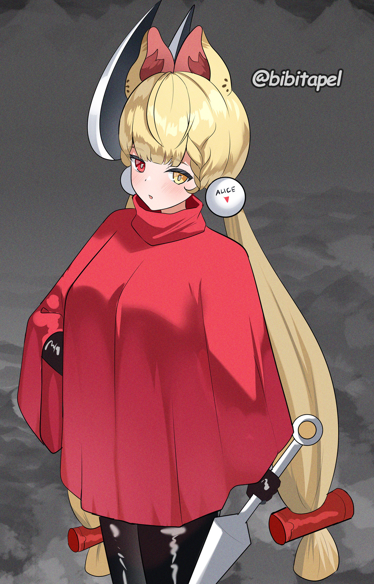 bibitapel, alice thymefield, hornet (hollow knight), hollow knight, hollow knight: silksong, zenless zone zero, black bodystocking, highres, 1girl, alternate costume, animal ears, blonde hair, blush, breasts, character mask, cloak, cosplay, grey background, hair ornament, heterochromia, holding, holding weapon, hornet (hollow knight) (cosplay), large breasts, long hair, mask, mask on head, parted lips, rabbit ears, rabbit girl, red cloak, red eyes, solo, sphere hair ornament, twintails, twitter username, weapon, yellow eyes