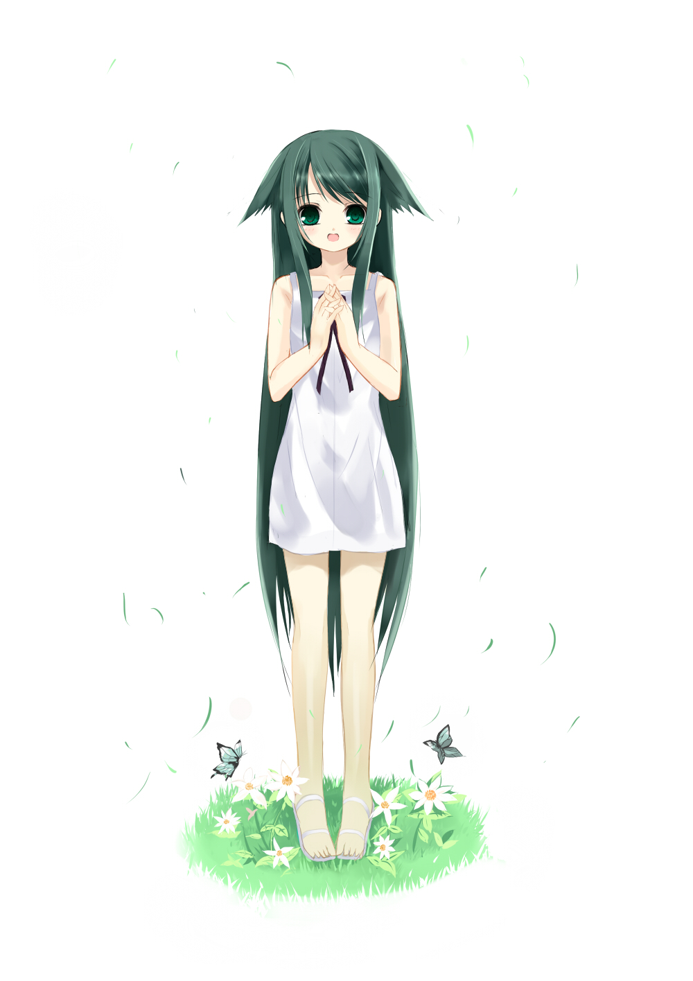 shino (eefy), saya (saya no uta), saya no uta, highres, blush, bug, butterfly, flower, grass, green eyes, green hair, insect, long hair, solo, very long hair