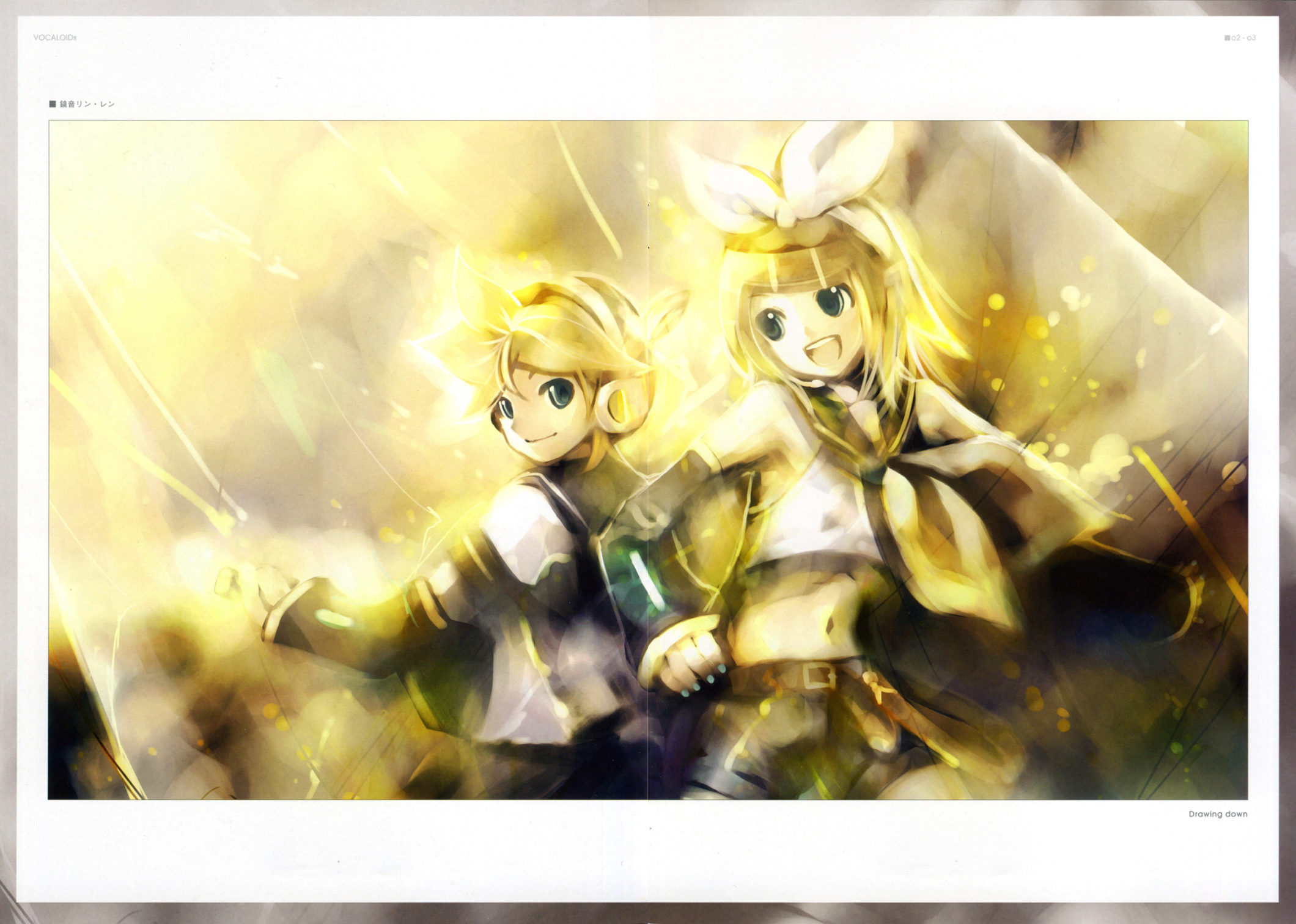 kei (keigarou), kagamine len, kagamine rin, vocaloid, highres, 1boy, 1girl, blonde hair, blue eyes, brother and sister, detached sleeves, headphones, midriff, ribbon, short hair, shorts, siblings, twins