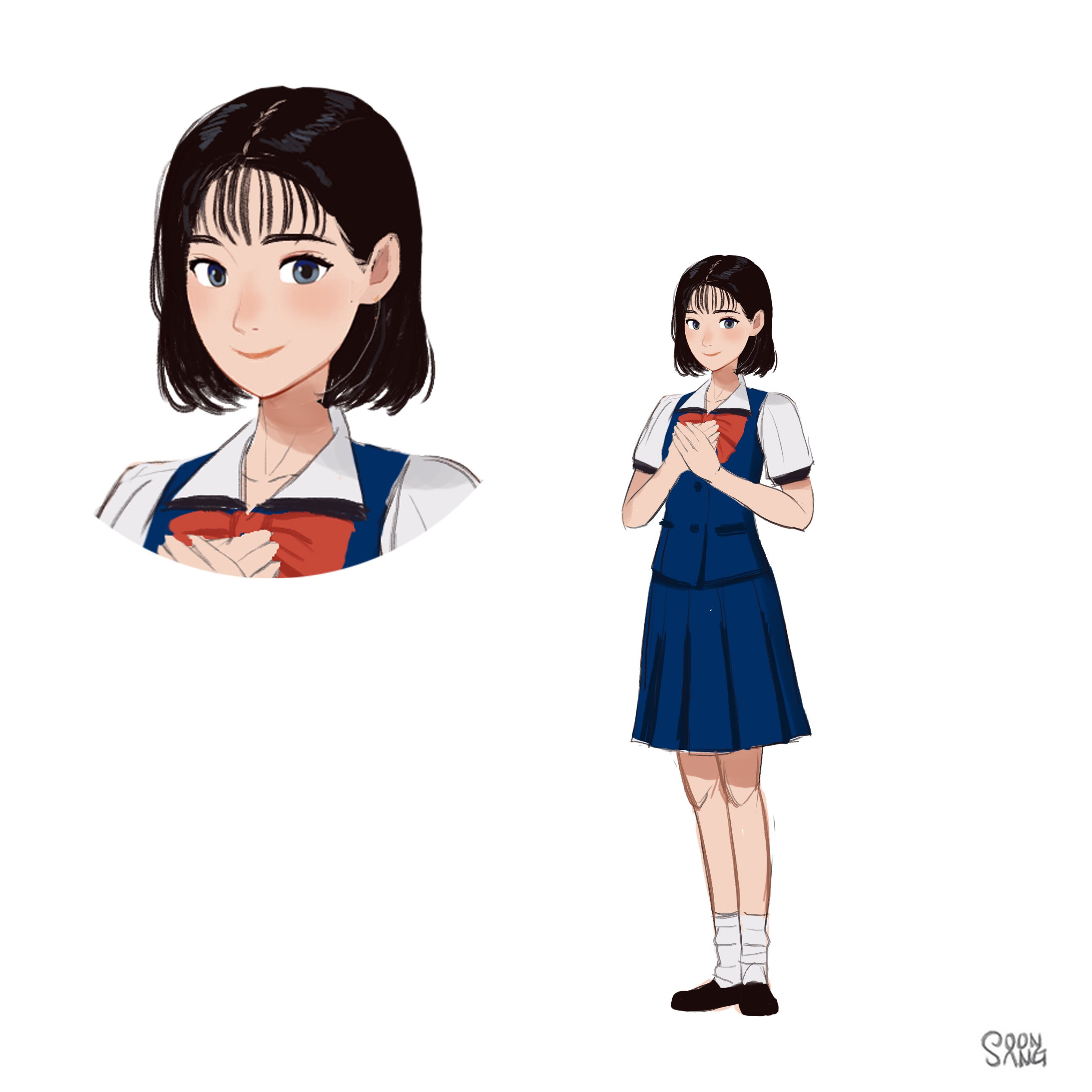hong soon-sang, akagi haruko, slam dunk (series), absurdres, commentary, highres, 1girl, black hair, blue skirt, blue vest, full body, looking at viewer, multiple views, school uniform, shirt, short hair, short sleeves, signature, simple background, skirt, smile, socks, vest, white background, white shirt, white socks