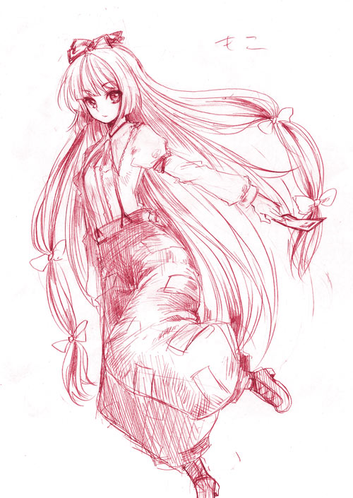 usa (artist), usaki (ama), fujiwara no mokou, touhou, graphite (medium), traditional media, 1girl, bow, female focus, hair bow, hime cut, long hair, looking at viewer, monochrome, multiple hair bows, ofuda, pants, red theme, sketch, solo, suspenders, very long hair