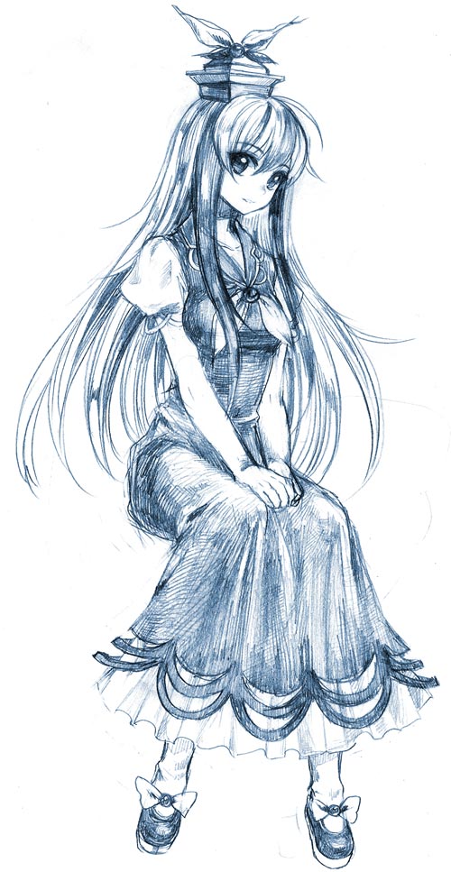 usa (artist), usaki (ama), kamishirasawa keine, touhou, graphite (medium), traditional media, 1girl, dress, female focus, hat, light smile, long hair, monochrome, multicolored hair, simple background, sitting, sketch, solo, two-tone hair, v arms