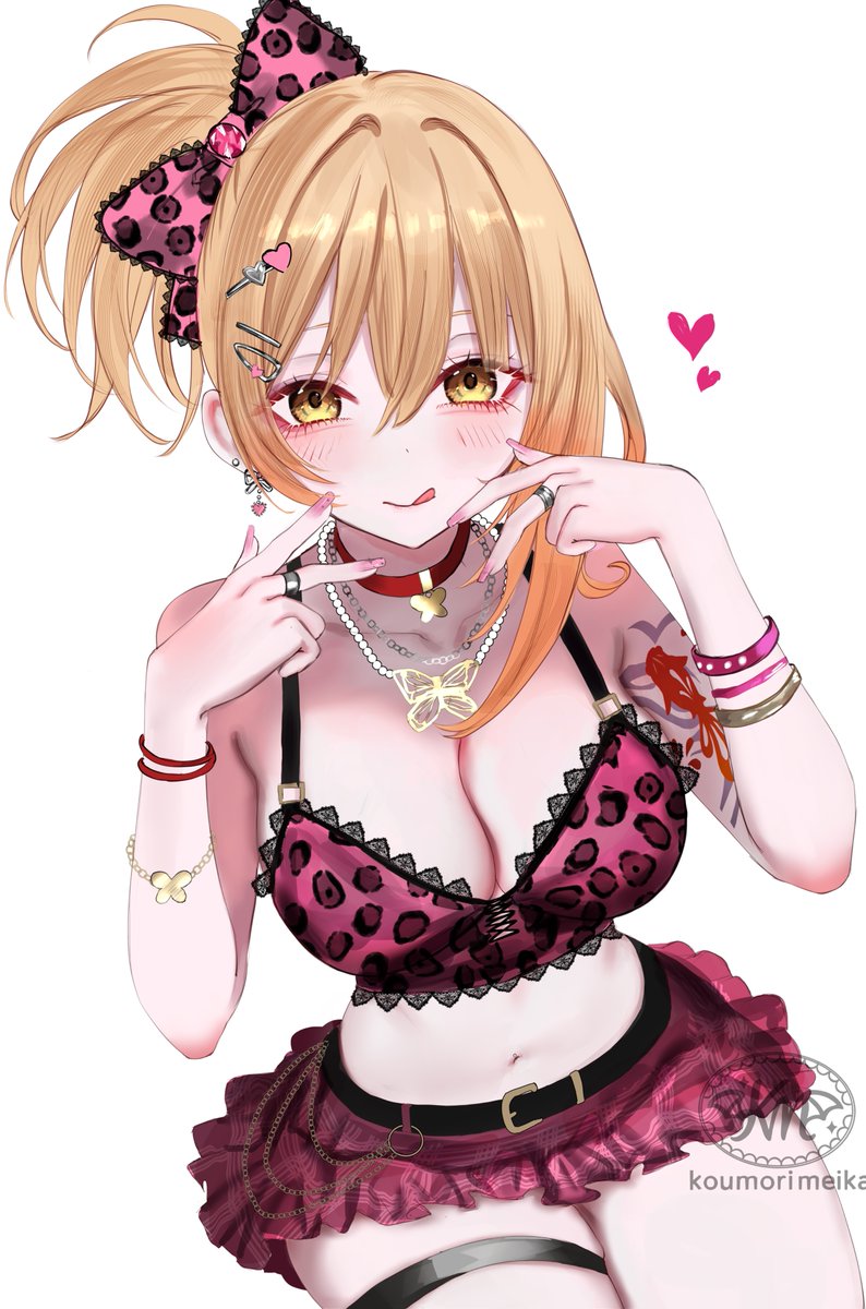 yoimiya (genshin impact), highres, 1girl, alternate costume, alternate hairstyle, arm tattoo, bare shoulders, blonde hair, breasts, choker, earrings, gyaru, jewelry, kouyo, pink nails, smile, tattoo, thigh strap, tongue, tongue out, watermark, white background, yellow eyes