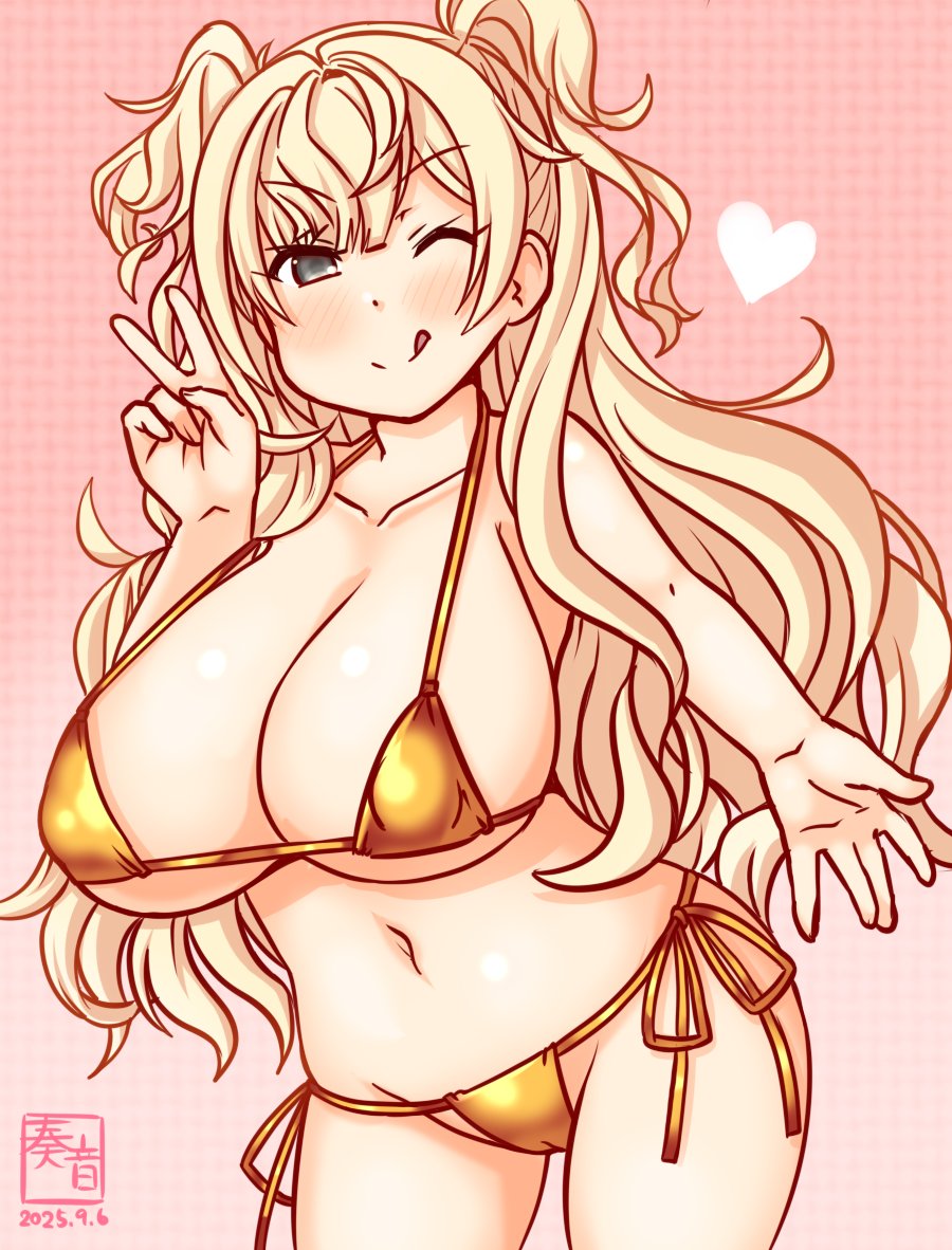 kanon (kurogane knights), minneapolis (kancolle), kantai collection, 1girl, :d, alternate costume, artist logo, bikini, blonde hair, breasts, cameltoe, cowboy shot, dated, gold bikini, gradient background, grey eyes, hair ornament, large breasts, logo, long hair, looking at viewer, lowleg, lowleg bikini, micro bikini, navel, one-hour drawing challenge, one eye closed, open mouth, pink background, side-tie bikini bottom, smile, solo, standing, swimsuit, tongue, tongue out, two side up, v, wavy hair