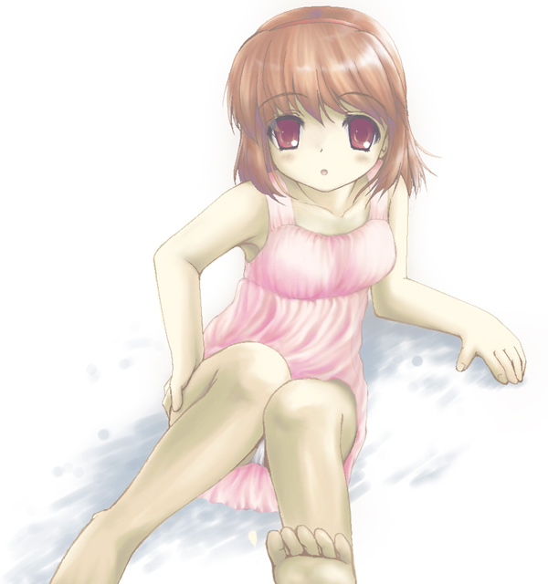 satou takeshi, tsukimiya ayu, kanon, barefoot, brown hair, nightgown, panties, pantyshot, red eyes, solo, underwear