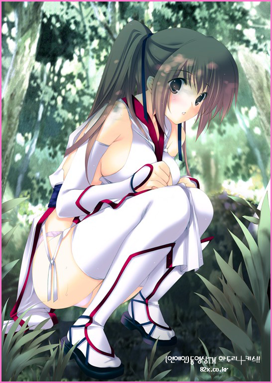 iizuki tasuku, kasumi (doa), dead or alive, tecmo, 1girl, bare shoulders, blush, breasts, brown eyes, brown hair, day, elbow gloves, expressionless, female focus, forest, geta, gloves, grass, hair ribbon, korean text, long hair, looking at viewer, nature, outdoors, panties, pelvic curtain, pink panties, ponytail, ribbon, sash, sideboob, solo, squatting, thighhighs, underwear, white gloves, white thighhighs