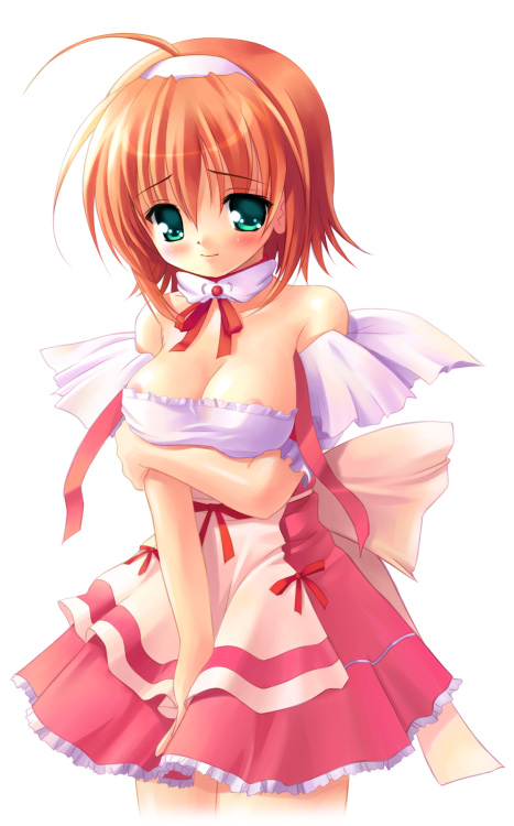 1girl, ahoge, bare shoulders, blush, breasts, cleavage, dress, female focus, green eyes, hairband, large breasts, nipple slip, nipples, orange hair, short hair, solo