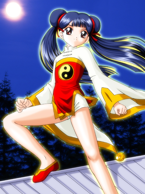 d-ten, li meiling, cardcaptor sakura, 1990s (style), 1girl, bare legs, bell, child, chinese clothes, double bun, female focus, flat chest, full moon, hair bun, jingle bell, moon, night, outdoors, retro artstyle, solo, twintails, yin yang