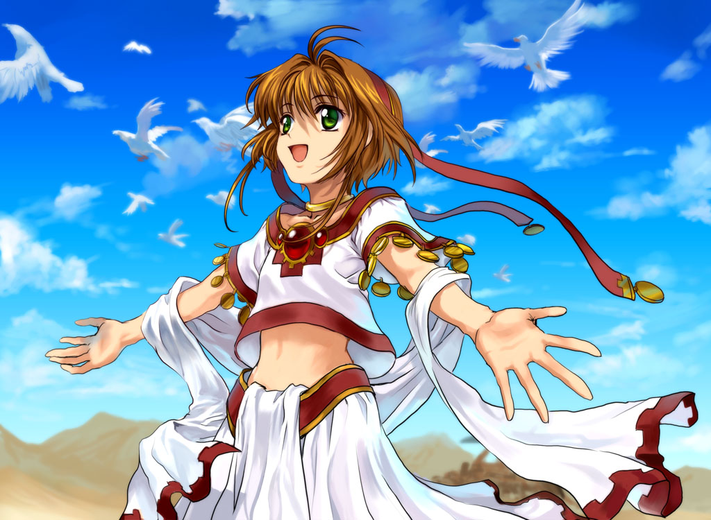 mutsuki (moonknives), sakura hime, kodansha, tsubasa chronicle, 00s, 1girl, bird, cloud, day, desert, female focus, midriff, outstretched arms, sky, solo